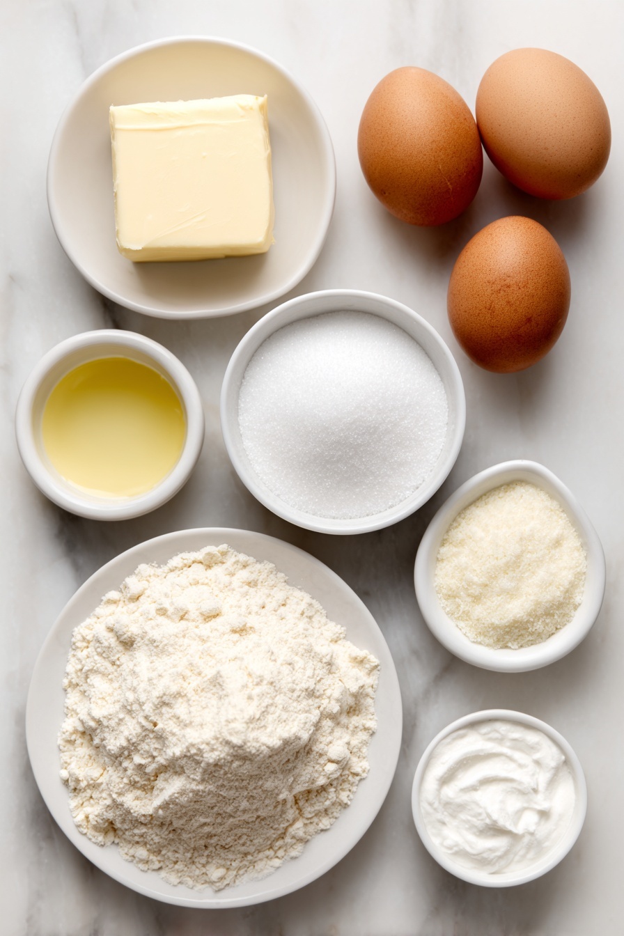 Amish Sugar Cookies, soft Amish sugar cookies, homemade Amish sugar cookies, classic Amish cookie recipe, buttery sugar cookies - Flat lay of a small square of pale yellow softened butter, a small white ceramic bowl filled with clear vegetable oil, a small white bowl heaped with white granulated sugar, a small white bowl containing fine white powdered sugar, two large whole eggs with smooth brown shells, a small white bowl of golden vanilla extract, a mound of light beige all-purpose flour on a white ceramic plate, a small white bowl with off-white baking soda powder, a small white bowl with white cream of tartar powder, all arranged symmetrically and balanced, placed on a clean white marble surface, soft natural light, photo taken with an iPhone, professional food photography style, fresh ingredients, white ceramic bowls, no bottles, no duplicates, no utensils, no packaging --ar 2:3 --v 7 --p m7354615311229779997
