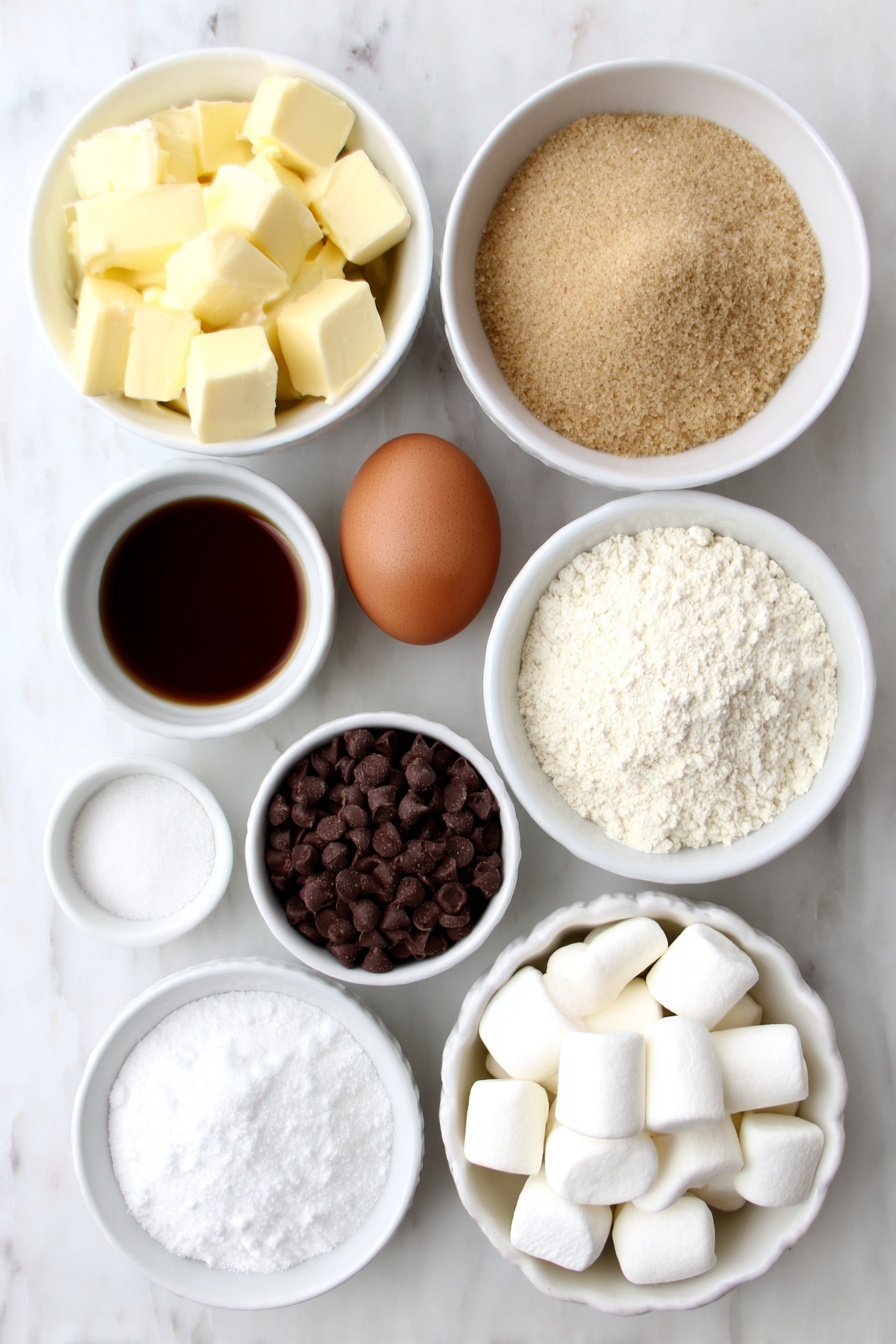 Hot Chocolate Cookies with Marshmallows, hot chocolate cookies, easy holiday cookies, chocolate marshmallow cookies, winter treat recipes - Flat lay of a small pile of unsalted butter cubes, a mound of soft light brown sugar, a small heap of granulated sugar, one large whole uncracked brown egg, a small white ceramic bowl of pure vanilla extract, a small white ceramic bowl of unsweetened cocoa powder, a small white ceramic bowl of all purpose flour, a small white ceramic bowl of baking soda, a small white ceramic bowl of salt, a small white ceramic bowl of cornstarch, a small pile of semi-sweet chocolate chips, and several cut halves of fresh white marshmallows, all arranged symmetrically on a clean white marble surface, soft natural light, photo taken with an iPhone, professional food photography style, fresh ingredients, white ceramic bowls, no bottles, no duplicates, no utensils, no packaging --ar 2:3 --v 7 --p m7354615311229779997