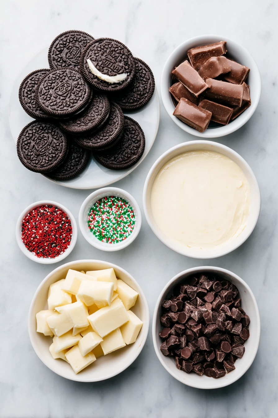 Festive Chocolate Covered Oreos, Christmas Oreo treats, holiday dessert ideas, easy chocolate dipped cookies, holiday party snacks - Flat lay of a stack of fresh black and white Oreo cookies, a few loose around the stack; a small white ceramic bowl filled with smooth milk chocolate melting wafers; a small white ceramic bowl filled with creamy white chocolate melting wafers; a small white ceramic bowl of assorted colorful Christmas sprinkles; a small white ceramic bowl containing vibrant red food coloring liquid; a small white ceramic bowl containing vibrant green food coloring liquid, all ingredients arranged symmetrically in realistic proportions, placed on a clean white marble surface, soft natural light, photo taken with an iPhone, professional food photography style, fresh ingredients, white ceramic bowls, no bottles, no duplicates, no utensils, no packaging --ar 2:3 --v 7 --p m7354615311229779997