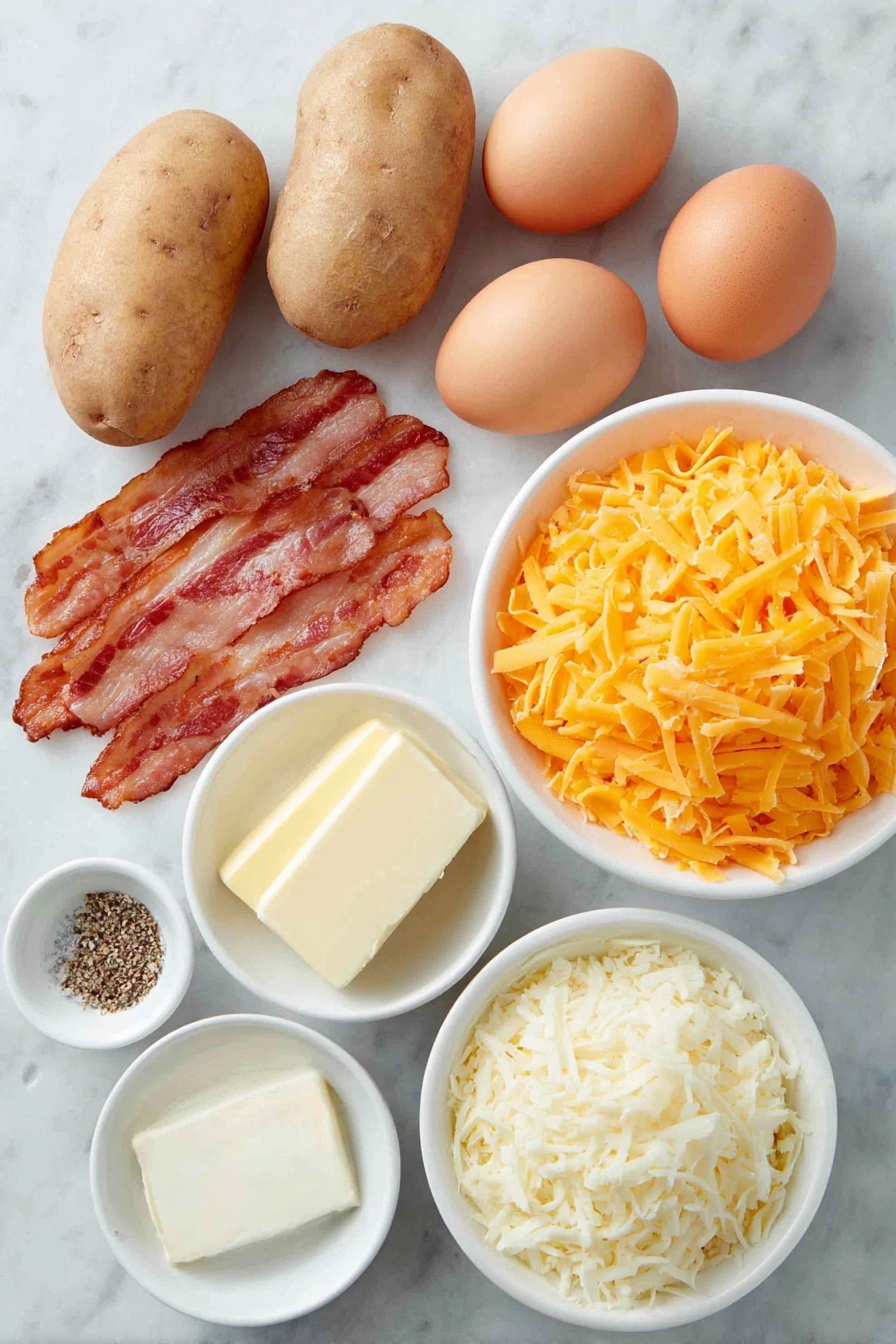 Twice Baked Bacon Parmesan Potatoes, bacon stuffed potato bake, cheesy twice baked potatoes, crispy bacon potato dish, savory potato side dish - Flat lay of six whole unpeeled russet baking potatoes, six slices of crisp cooked bacon arranged flat, a small white ceramic bowl filled with softened golden butter, a small white ceramic bowl holding freshly shredded pale yellow Parmesan cheese, a larger white ceramic bowl brimming with bright orange sharp cheddar cheese shreds, whole uncracked brown eggs for natural color contrast, and a small white ceramic bowl with coarse sea salt and another with cracked black peppercorns, all ingredients evenly spaced and symmetrically placed on a clean white marble surface, soft natural light, photo taken with an iPhone, professional food photography style, fresh ingredients, white ceramic bowls, no bottles, no duplicates, no utensils, no packaging --ar 2:3 --v 7 --p m7354615311229779997