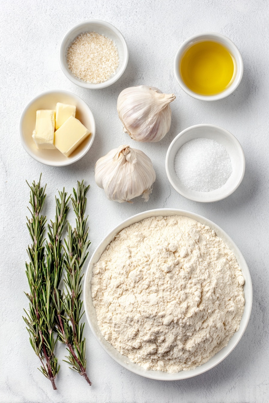 Garlic Rosemary Focaccia Bread, homemade focaccia, fluffy garlic focaccia, rosemary bread recipe, savory bread with garlic and rosemary - Flat lay of a small white ceramic bowl of warm water, a few granulated sugar crystals beside it, a small white ceramic bowl with instant yeast granules, a mound of all-purpose flour on a simple white plate, two teaspoons of salt in a small white bowl, a small white ceramic bowl containing golden olive oil, three fresh rosemary sprigs with vibrant green needles, two whole uncracked garlic bulbs with several peeled cloves arranged nearby, and some coarse salt sprinkled artfully on the surface, all arranged in perfect symmetry and balanced proportions on a clean white marble surface, soft natural light, photo taken with an iPhone, professional food photography style, fresh ingredients, white ceramic bowls, no bottles, no duplicates, no utensils, no packaging --ar 2:3 --v 7 --p m7354615311229779997