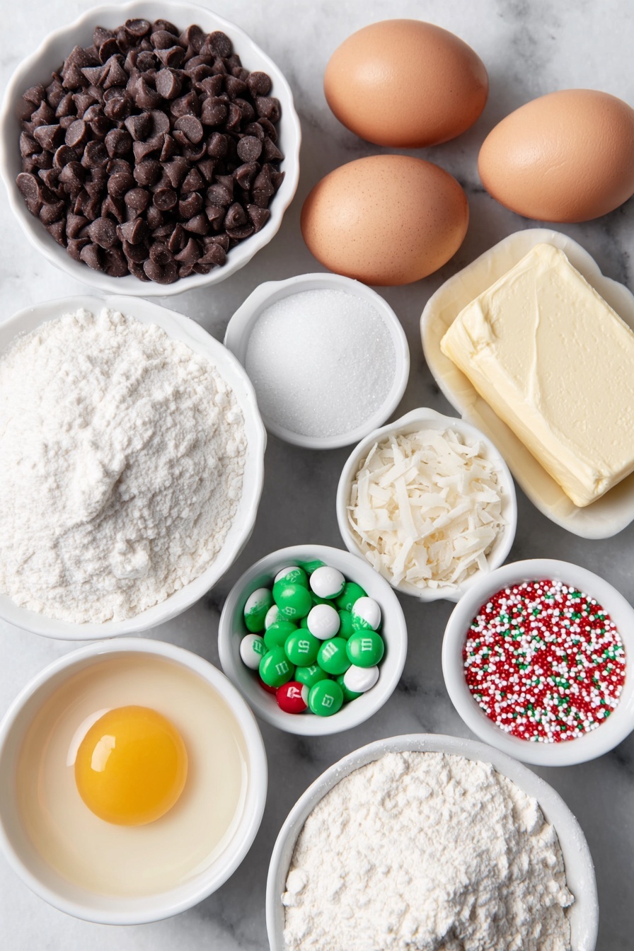 Christmas Brownie Bars with M&Ms, festive brownie dessert, holiday chocolate bars, Christmas treats with M&Ms, easy holiday brownie recipe - Flat lay of a small mound of semi-sweet chocolate chips, a stick of salted butter with a smooth surface, two large brown eggs with clean shells, one large egg yolk in a small white ceramic bowl, a small white bowl filled with granulated sugar, a small white bowl holding all-purpose flour, a small white bowl of vanilla extract, a small white bowl with sweetened condensed milk, a handful of mixed nuts scattered naturally, a small heap of sweetened flaked coconut, a small pile of mini red, green, and white holiday M&Ms, a small pile of regular-sized red, green, and white holiday M&Ms, and a small white bowl with colorful holiday sprinkles, all arranged symmetrically on a clean white marble surface, soft natural light, photo taken with an iPhone, professional food photography style, fresh ingredients, white ceramic bowls, no bottles, no duplicates, no utensils, no packaging --ar 2:3 --v 7 --p m7354615311229779997