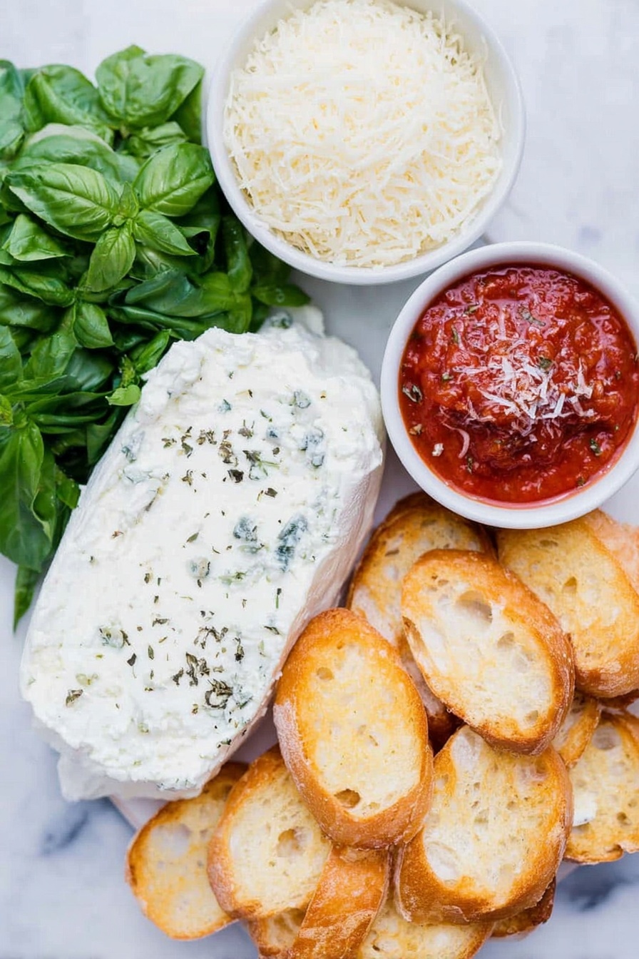 Goat Cheese Marinara Dip, easy appetizer with goat cheese and marinara, creamy goat cheese dip, quick savory dip recipes, crowd-pleasing party dip - Flat lay of fresh goat cheese log, soft cream cheese in a small white bowl, a small white bowl filled with freshly grated Parmesan cheese, dried basil sprinkled neatly on a white ceramic plate, a small white bowl of bright red marinara sauce, a pinch of coarse kosher salt arranged artfully on a white dish, fresh green basil leaves loosely stacked, several toasted golden crostini slices arranged in a fan shape on a white plate, placed on a clean white marble surface, soft natural light, photo taken with an iPhone, professional food photography style, fresh ingredients, white ceramic bowls, no bottles, no duplicates, no utensils, no packaging --ar 2:3 --v 7 --p m7354615311229779997