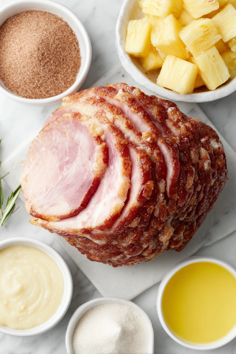 Baked Glazed Ham, glazed ham recipe, baked ham with glaze, holiday ham ideas, easy baked ham - Flat lay of a large bone-in spiral cut ham with natural pinkish glaze, a small mound of coarse brown sugar, a few fresh pineapple chunks with natural juice pooled in a small white ceramic bowl, a small white bowl of bright yellow lemon juice, a small white bowl of smooth pale yellow Dijon mustard, a small white bowl containing cinnamon powder, and a small white bowl with ground cloves, all arranged symmetrically on a clean white marble surface, soft natural light, photo taken with an iPhone, professional food photography style, fresh ingredients, white ceramic bowls, no bottles, no duplicates, no utensils, no packaging --ar 2:3 --v 7 --p m7354615311229779997