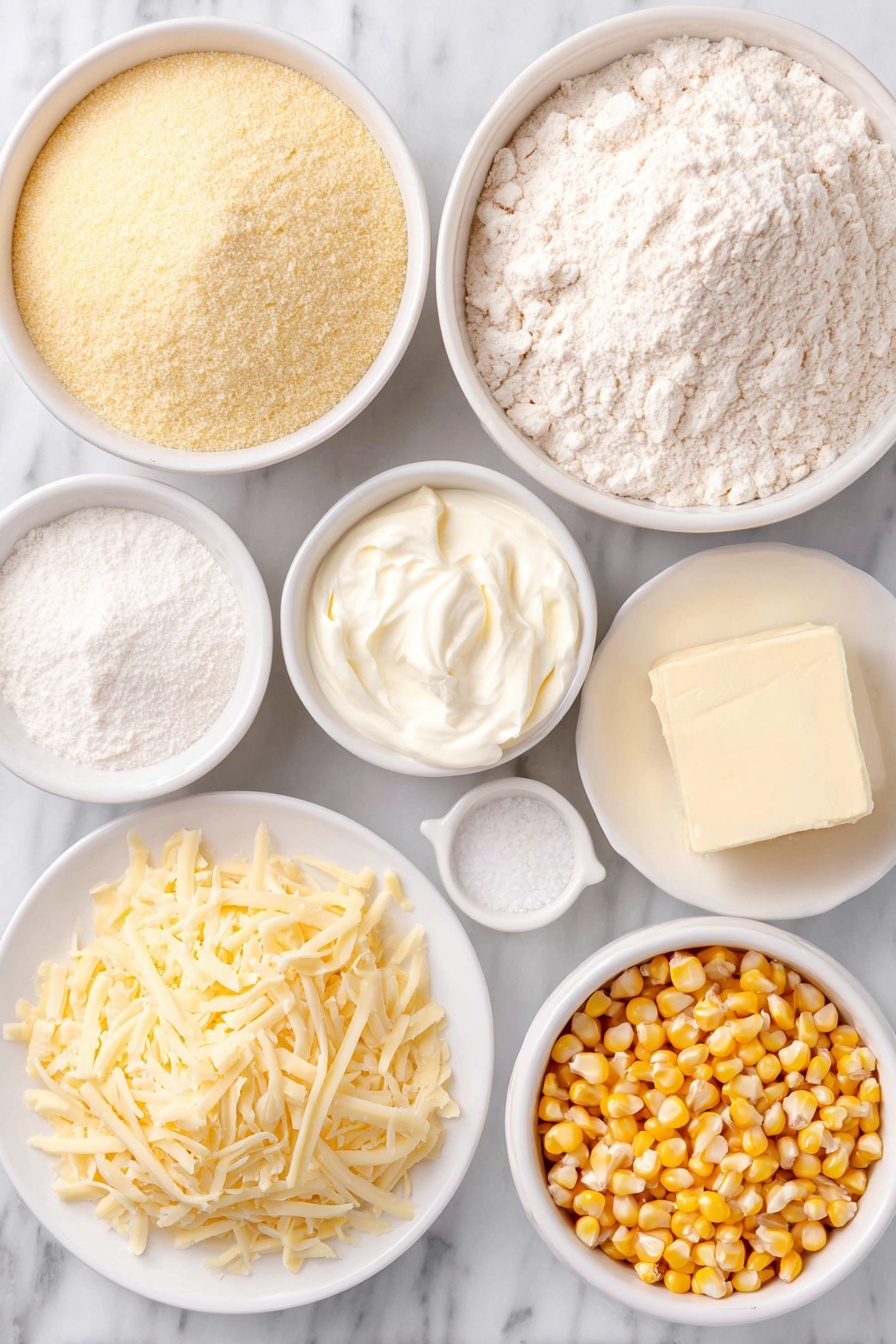 Creamy Cornbread Casserole, cornbread casserole with cheese, easy creamy cornbread bake, comforting cornbread side dish, moist cornbread casserole - Flat lay of a small white ceramic bowl of all-purpose flour, a small white ceramic bowl of yellow cornmeal, a small white ceramic bowl of granulated sugar, a small white ceramic bowl of baking powder, a small white ceramic bowl of salt, a small white ceramic bowl filled with bright yellow whole kernel corn, a small white ceramic bowl of creamy corn, a small white ceramic bowl holding smooth sour cream, a small white ceramic bowl with melted butter, a simple white ceramic plate with a small pile of freshly shredded sharp cheddar cheese, placed on a clean white marble surface, soft natural light, photo taken with an iPhone, professional food photography style, fresh ingredients, white ceramic bowls, no bottles, no duplicates, no utensils, no packaging --ar 2:3 --v 7 --p m7354615311229779997