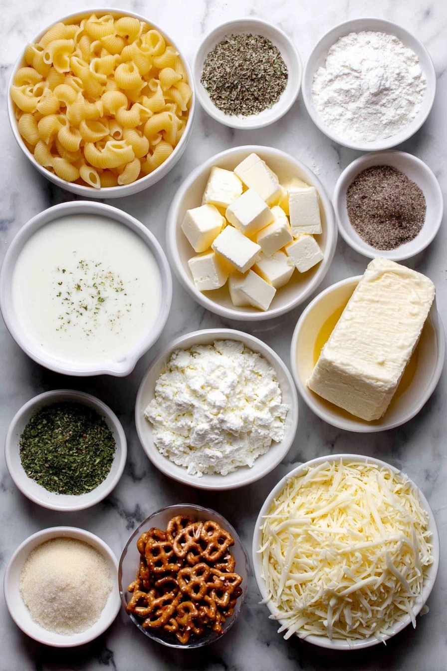 Creamy Baked Mac and Cheese with Pretzel Topping, cheesy baked mac and cheese recipe, crunchy pretzel topping mac and cheese, indulgent baked mac and cheese, easy cheesy baked pasta - Flat lay of uncooked elbow macaroni and uncooked shell pasta side by side, a small white ceramic bowl of creamy white butter cubes, a small white bowl of fine all-purpose flour, a small white bowl filled with fresh whole milk, a small white bowl with thick heavy cream, a small white bowl heaped with freshly shredded sharp cheddar cheese, a small white bowl with freshly shredded parmesan cheese, small white bowl containing cubed Velveeta cheese, a small white bowl with coarse kosher salt, a small white bowl with whole black peppercorns, a small white bowl holding ground mustard powder, a small white bowl with onion powder, a small white bowl filled with garlic powder, a small white bowl of smooth yellow Dijon mustard, a small white bowl with crushed pretzels, a small white bowl filled with golden panko breadcrumbs, and a small white bowl with dried parsley flakes arranged with perfect symmetry, placed on a clean white marble surface, soft natural light, photo taken with an iPhone, professional food photography style, fresh ingredients, white ceramic bowls, no bottles, no duplicates, no utensils, no packaging --ar 2:3 --v 7 --p m7354615311229779997