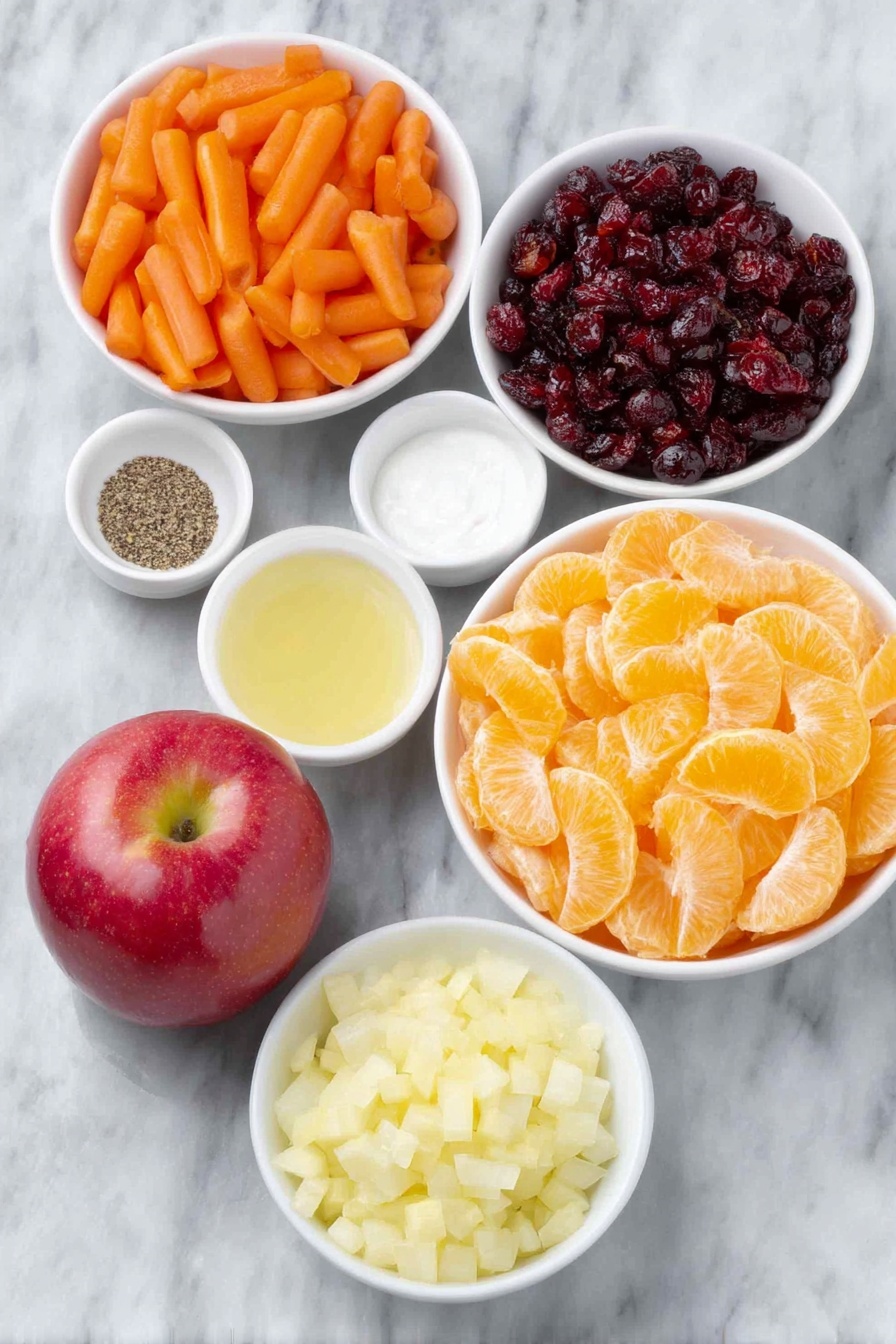 Carrot Apple Salad with Cranberries and Mandarins, healthy fruit salad idea, easy autumn salad, fresh fruit salad recipe, colorful citrus carrot salad - Flat lay of a whole red delicious apple, a whole granny smith apple, a small white bowl of bright lemon juice, a simple white bowl filled with matchstick-cut fresh orange carrots, a small pile of finely diced yellow onion, a neat handful of dried sweetened cranberries, a small white bowl of creamy vanilla yogurt, a small white bowl of smooth mayonnaise, a small white bowl of granulated sugar, small piles of salt and black pepper, and a simple white bowl with vibrant mandarin orange segments, arranged in perfect symmetry on a clean white marble surface, soft natural light, photo taken with an iPhone, professional food photography style, fresh ingredients, white ceramic bowls, no bottles, no duplicates, no utensils, no packaging --ar 2:3 --v 7 --p m7354615311229779997