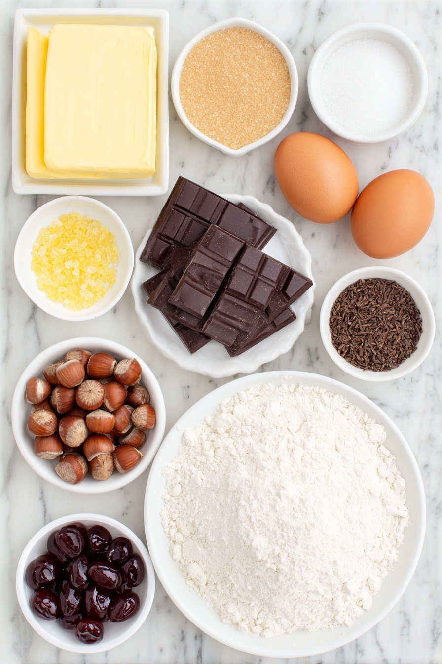 Slice and Bake Cookie Assortment, cookie variety ideas, easy cookie baking tips, no-bake cookie logs, festive cookie desserts - Flat lay of a small block of unsalted butter with a creamy pale yellow color, a small white ceramic bowl filled with light brown soft packed sugar, a small white ceramic bowl with white granulated sugar, a small white ceramic bowl containing golden sparkling sugar crystals, a small white ceramic bowl with raw sugar crystals, a small white ceramic bowl holding dark unsweetened cocoa powder, a mound of all-purpose flour gently piled on a white ceramic plate, a small pile of rough chopped dark chocolate chunks, a cluster of glossy dried red cherries, fresh whole hazelnuts with smooth brown shells, a few crushed red and white candy cane pieces, a small white ceramic bowl with deep brown cinnamon powder, another small white ceramic bowl with cardamom seeds, a small pile of ground ginger powder on a white plate, a tiny heap of allspice powder, a few whole brown eggs with clean uncracked shells, a small white ceramic bowl containing pale golden oil, and a small white ceramic bowl filled with vanilla bean paste – all ingredients arranged with perfect symmetry and balanced proportions, placed on a clean white marble surface, soft natural light, photo taken with an iPhone, professional food photography style, fresh ingredients, white ceramic bowls, no bottles, no duplicates, no utensils, no packaging --ar 2:3 --v 7 --p m7354615311229779997