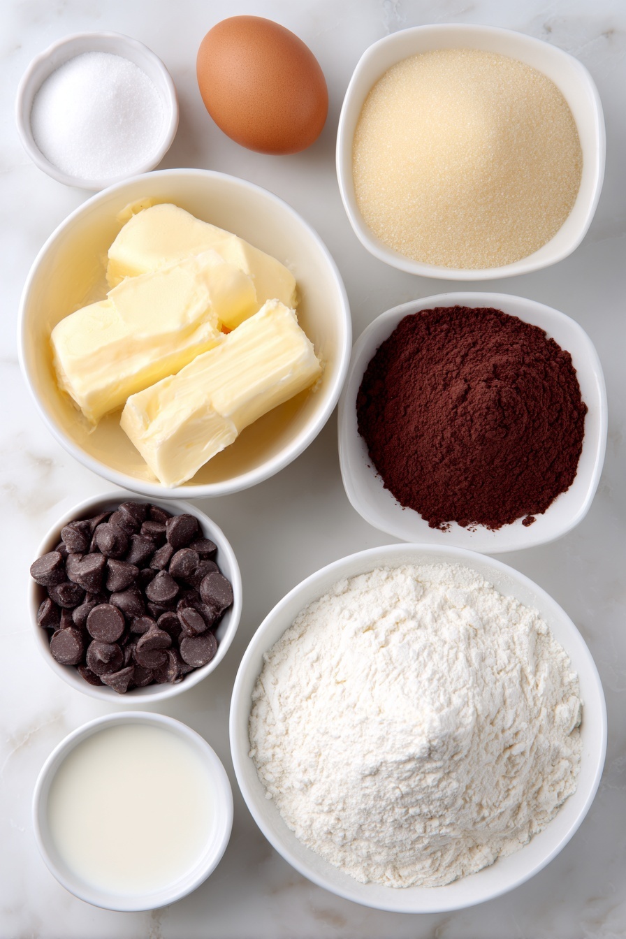 Red Velvet Sandwich Cookies, red velvet cookies with cream cheese frosting, easy red velvet cookie recipe, holiday red velvet cookies, party treat recipes - Flat lay of a small white ceramic bowl of unsalted butter, a small white bowl filled with packed light brown sugar, a small white bowl of granulated sugar, one whole uncracked brown egg, a small white bowl with dark cocoa powder, a simple pile of all-purpose flour on white ceramic plate, a small white bowl of milk chocolate chips, a small white bowl of cream cheese, a small white bowl of powdered sugar, a small white bowl of milk, a few drops of red gel food color on white ceramic dish, all arranged in perfect symmetry, placed on a clean white marble surface, soft natural light, photo taken with an iPhone, professional food photography style, fresh ingredients, white ceramic bowls, no bottles, no duplicates, no utensils, no packaging --ar 2:3 --v 7 --p m7354615311229779997