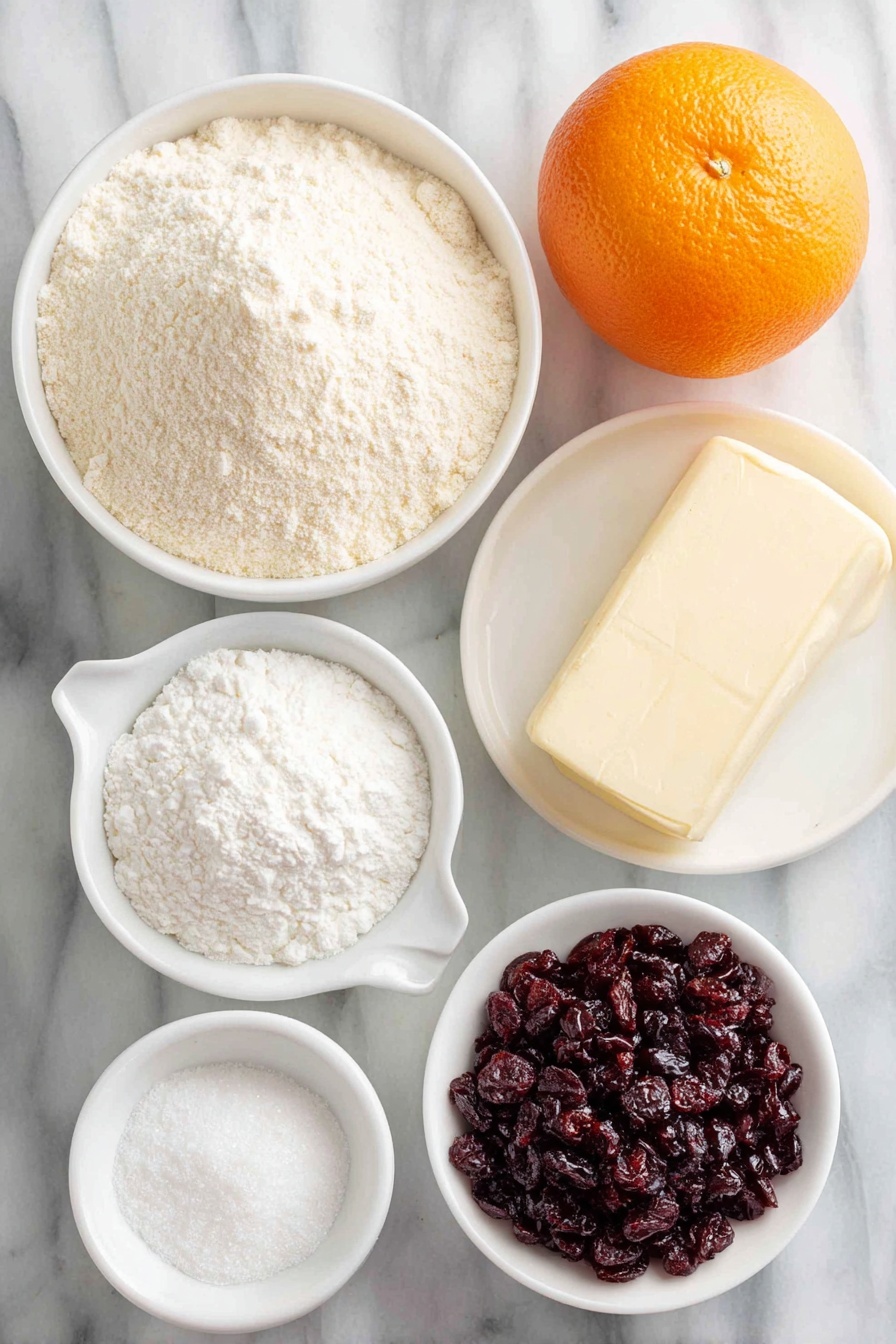 Cranberry Orange Shortbread Cookies, Cranberry Orange Cookies, Shortbread Cookie Recipes, Holiday Cookies with Cranberry and Orange, Easy Cranberry Orange Cookies - Flat lay of a small mound of fine caster sugar stained with fresh orange zest, one whole bright orange with smooth skin, a slab of pale unsalted butter with a creamy texture, a small white ceramic bowl of pure vanilla extract, a neat heap of plain all-purpose flour, a small pile of plump dried cranberries finely chopped, a small white ceramic bowl filled with powdered icing sugar, a small white ceramic bowl holding freshly squeezed orange juice, and a small white ceramic bowl of melted unsalted butter, all arranged in perfect symmetry and placed on a clean white marble surface, soft natural light, photo taken with an iPhone, professional food photography style, fresh ingredients, white ceramic bowls, no bottles, no duplicates, no utensils, no packaging --ar 2:3 --v 7 --p m7354615311229779997