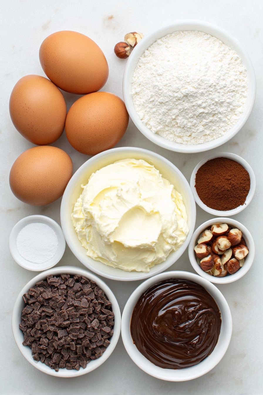 Chocolate Hazelnut Yule Log, chocolate hazelnut dessert, festive holiday cake, chocolate sponge roulade, holiday centerpieces - Flat lay of four large whole brown eggs with clean shells, a small bowl of superfine caster sugar, a small bowl of plain flour, a small bowl of smooth cocoa powder, a small bowl of finely ground espresso powder, a small bowl of baking powder, a small bowl of fine salt, a small white ceramic bowl filled with cold double cream, a small bowl of powdered icing sugar, a small bowl of vanilla bean paste, a small bowl of glossy chocolate hazelnut spread, a white ceramic bowl with finely chopped dark chocolate pieces, and a small pile of whole toasted hazelnuts, all arranged symmetrically and naturally on simple white ceramic bowls, placed on a clean white marble surface, soft natural light, photo taken with an iPhone, professional food photography style, fresh ingredients, white ceramic bowls, no bottles, no duplicates, no utensils, no packaging --ar 2:3 --v 7 --p m7354615311229779997