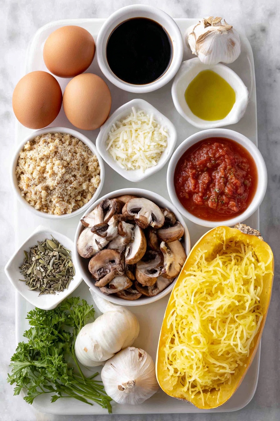 Chicken Florentine Meatballs, Chicken Florentine Meatballs with Spaghetti Squash, healthy Italian meatballs, low-carb chicken meatballs, spinach and parmesan meatballs - Flat lay of two whole uncracked brown eggs, a small white bowl of dry bread crumbs, a small mound of grated Parmesan cheese, a few dried minced onion flakes, one fresh garlic clove, a small pinch of salt crystals, a small pinch of black peppercorns, a portion of raw ground chicken, one medium spaghetti squash halved lengthwise showing vibrant yellow strands, a small white bowl of sliced fresh brown mushrooms, a small white bowl of olive oil, a small white bowl of diced fresh tomatoes, a small white bowl of smooth tomato sauce, a few sprigs of fresh green parsley, a small bunch of fresh garlic cloves, a small pile of dried oregano leaves, a small pile of dried basil leaves, all arranged symmetrically and balanced on simple white ceramic bowls and plates placed on a clean white marble surface, soft natural light, photo taken with an iPhone, professional food photography style, fresh ingredients, white ceramic bowls, no bottles, no duplicates, no utensils, no packaging --ar 2:3 --v 7 --p m7354615311229779997