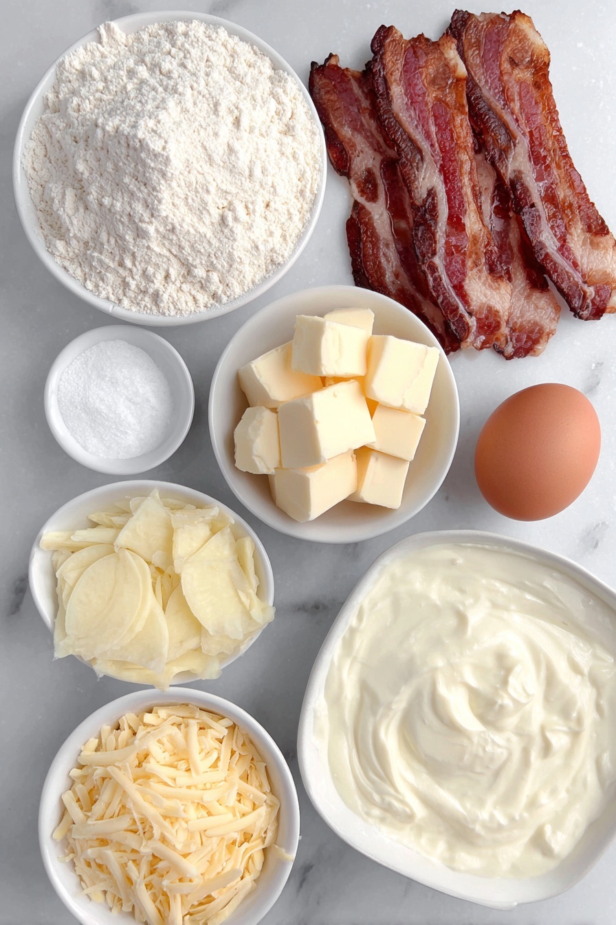 Cheddar Bacon Potato Pie, bacon potato pie, savory potato pie, cheesy bacon pie, easy comfort food - Flat lay of a small mound of pale all-purpose flour, a teaspoon of coarse kosher salt, several small cubes of cold butter with a pale yellow color, a few thin slices of crispy cooked bacon with pinkish-brown edges, a diced large white onion, a pile of thinly sliced yellow Yukon Gold potatoes, a small white bowl filled with thick heavy cream, a pinch of black pepper next to a teaspoon of kosher salt in separate small white bowls, a small heap of shredded sharp cheddar cheese, and a single whole brown egg with a smooth clean shell, all arranged symmetrically on a clean white ceramic plate and small white ceramic bowls placed on a clean white marble surface, soft natural light, photo taken with an iPhone, professional food photography style, fresh ingredients, white ceramic bowls, no bottles, no duplicates, no utensils, no packaging --ar 2:3 --v 7 --p m7354615311229779997