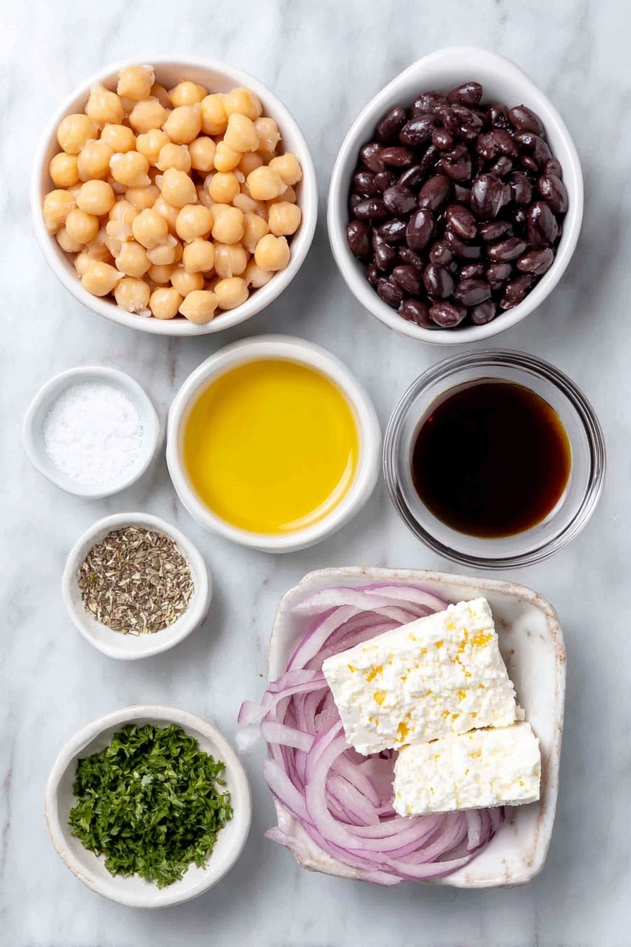 Chickpea Bean Salad with Feta, healthy chickpea salad, easy feta bean salad, vegetarian bean salad recipe, Mediterranean chickpea salad - Flat lay of a small white ceramic bowl of rinsed and drained chickpeas, a small white ceramic bowl of rinsed and drained black beans, a small white ceramic bowl of golden olive oil, a small white ceramic bowl of deep red wine vinegar, a small white ceramic bowl with dried oregano, a small white ceramic bowl with salt, a small white ceramic bowl with black pepper, half a fresh red onion thinly sliced, a small white ceramic bowl of crumbled fresh white feta cheese, a small white ceramic bowl of chopped fresh green parsley placed on a clean white marble surface, soft natural light, photo taken with an iPhone, professional food photography style, fresh ingredients, white ceramic bowls, no bottles, no duplicates, no utensils, no packaging --ar 2:3 --v 7 --p m7354615311229779997