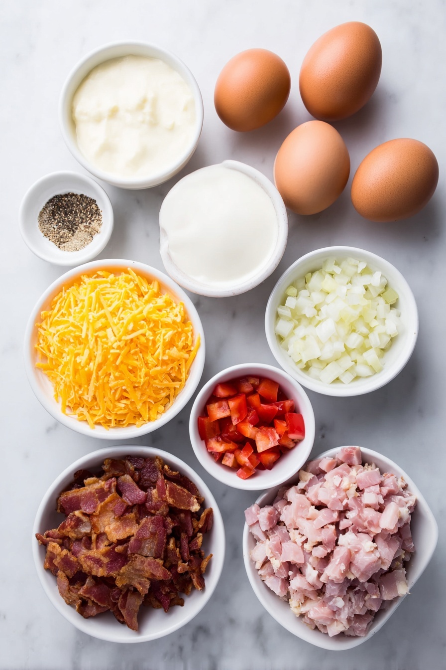 Easy Egg Bites, breakfast egg bites, cheesy egg bites, makeahead breakfast, healthy morning recipes - Flat lay of ten whole brown eggs with clean shells, a small bowl of cream, a small bowl of shredded bright orange cheddar cheese, a small white bowl with chopped red bell peppers, diced ripe tomatoes, and chopped white onions mixed together, a small white bowl containing crispy crumbled cooked bacon pieces, a small white bowl of chopped roasted turkey, a small white bowl with coarse salt and ground black pepper, all arranged symmetrically in simple white ceramic bowls, placed on a clean white marble surface, soft natural light, photo taken with an iPhone, professional food photography style, fresh ingredients, white ceramic bowls, no bottles, no duplicates, no utensils, no packaging --ar 2:3 --v 7 --p m7354615311229779997
