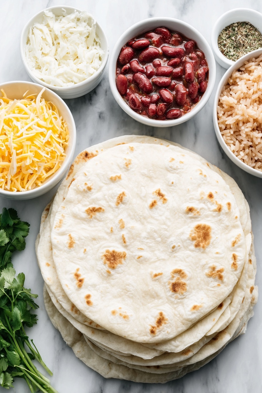 Cheesy Bean and Rice Burritos, cheesy bean and rice burritos, easy burrito recipes, vegetarian burrito ideas, quick weeknight dinners - Flat lay of a stack of ten soft flour tortillas, a small white bowl of creamy refried beans, a few sprigs of fresh green cilantro beside a small white bowl of vibrant red salsa, a small white bowl of bright orange shredded sharp cheddar cheese, a small white bowl of pale yellow shredded Monterey Jack cheese, a small white bowl of fluffy orange-hued Mexican rice, and a small white bowl of homemade taco seasoning mix with visible dried herbs and spices, all arranged in perfect symmetry on a clean white marble surface, soft natural light, photo taken with an iPhone, professional food photography style, fresh ingredients, white ceramic bowls, no bottles, no duplicates, no utensils, no packaging --ar 2:3 --v 7 --p m7354615311229779997