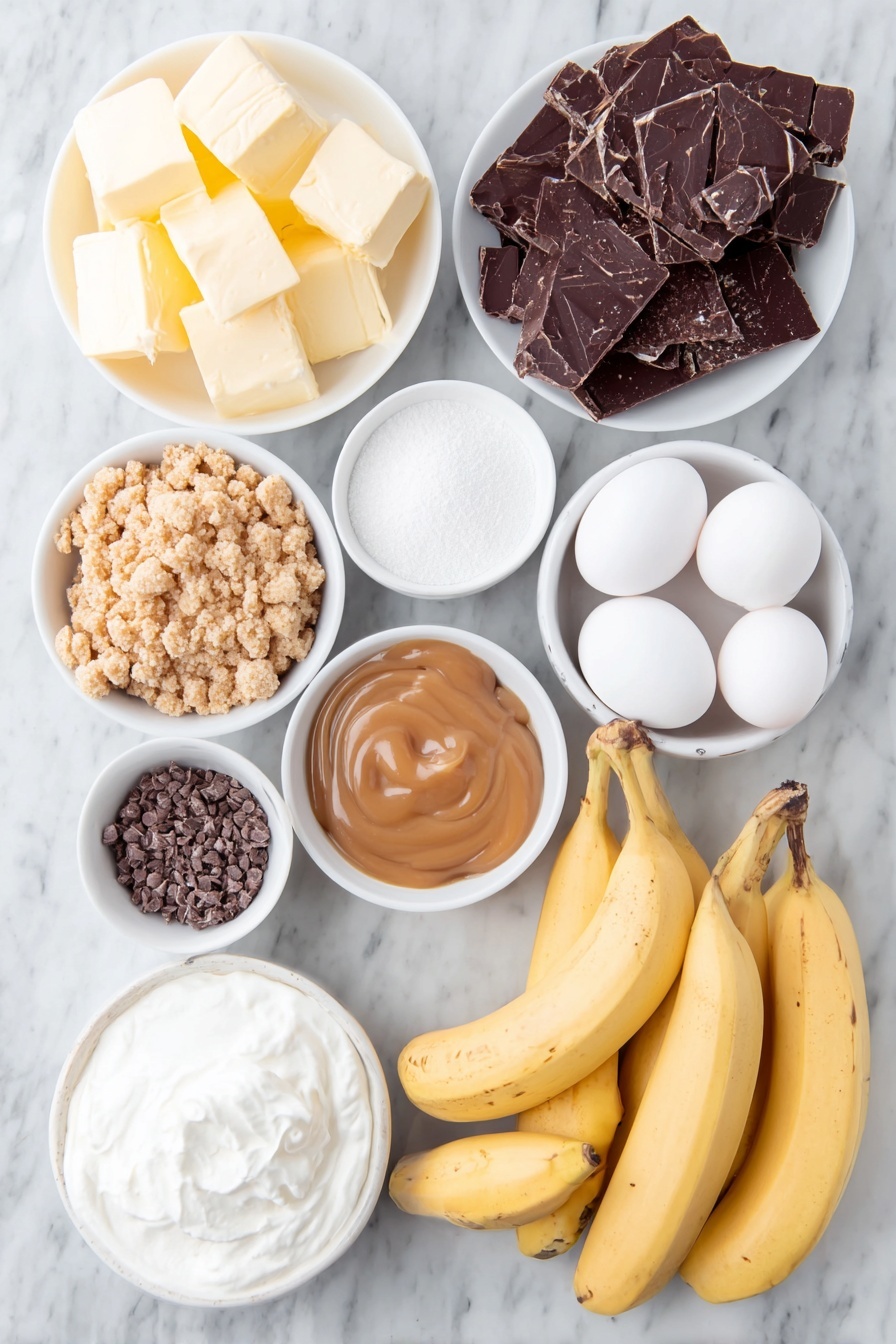 Banoffee Pie with Caramel and Banana, easy banoffee pie recipe, caramel banana dessert, how to make banoffee pie, simple dessert ideas - Flat lay of a small pile of golden brown crushed sweet biscuits, a few cubes of pale yellow butter, a small white bowl filled with smooth light brown caramel sauce, a small white bowl with dark golden light brown sugar crystals, a small white bowl of thick white heavy cream, a small white bowl of fine white icing sugar, a small white bowl with creamy beige vanilla bean paste, three ripe yellow bananas with small brown spots, a small pile of dark chocolate curls on a simple white ceramic plate, and two whole clean eggs with smooth shells placed on a clean white marble surface, soft natural light, photo taken with an iPhone, professional food photography style, fresh ingredients, white ceramic bowls, no bottles, no duplicates, no utensils, no packaging --ar 2:3 --v 7 --p m7354615311229779997