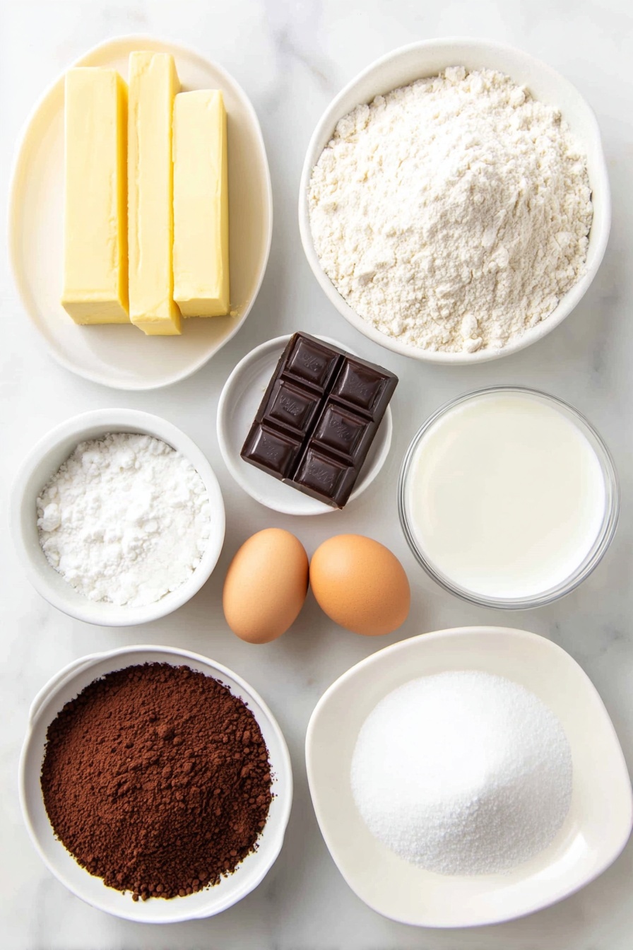 Texas Sheet Cake with Chocolate Frosting, moist chocolate cake recipe, easy Texas sheet cake, quick chocolate sheet cake, crowd-pleasing chocolate cake - Flat lay of a small mound of all-purpose flour, a small heap of granulated sugar, a teaspoon of baking soda granules, a pinch of salt crystals, a small white bowl of buttermilk, two large whole brown eggs with clean shells, a small white bowl of vanilla extract, two sticks of unsalted butter stacked side by side, four tablespoons of rich dark cocoa powder neatly spread, a small white bowl of water, a small white bowl of confectioners sugar, all arranged with perfect symmetry in simple white ceramic bowls and plates, placed on a clean white marble surface, soft natural light, photo taken with an iPhone, professional food photography style, fresh ingredients, white ceramic bowls, no bottles, no duplicates, no utensils, no packaging --ar 2:3 --v 7 --p m7354615311229779997