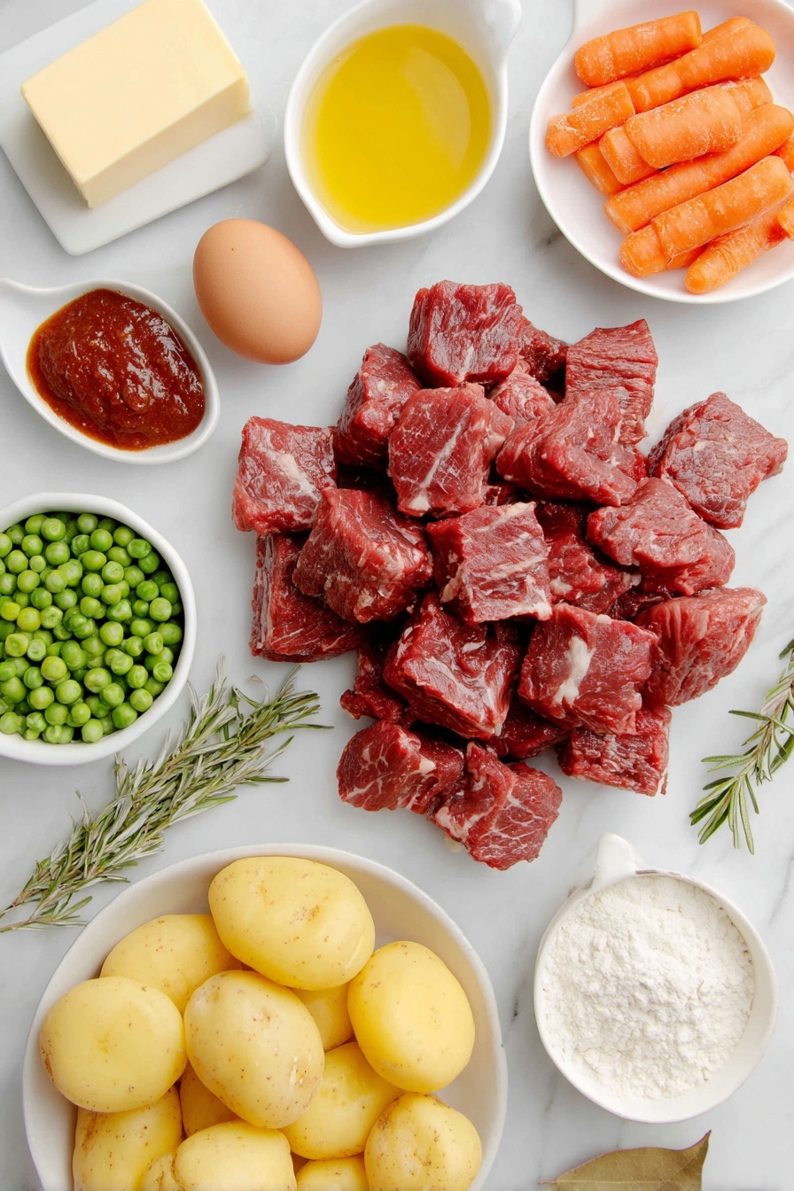 Slow Cooker Beef Stew, hearty beef stew, easy beef stew recipe, comforting slow cooker recipes, homemade beef stew - Flat lay of a large pile of raw stew beef cubes with visible marbling, a small heap of whole yellow onions diced, four peeled garlic cloves clustered together, five fresh medium carrots cut into 1-inch chunks, a bowl of halved baby Yukon gold potatoes, a few bright green frozen peas scattered loosely, two whole uncracked brown eggs, a small white ceramic bowl filled with rich beef broth, another small white bowl containing deep red tomato paste, a tiny white bowl holding golden olive oil, a stick of cold butter partially sliced with a smooth creamy texture, a sprig of fresh rosemary, two dry bay leaves, a small white bowl with fine white flour, and a small white bowl of light beige corn starch, all arranged with perfect symmetry and balanced proportions, placed on a clean white marble surface, soft natural light, photo taken with an iPhone, professional food photography style, fresh ingredients, white ceramic bowls, no bottles, no duplicates, no utensils, no packaging --ar 2:3 --v 7 --p m7354615311229779997