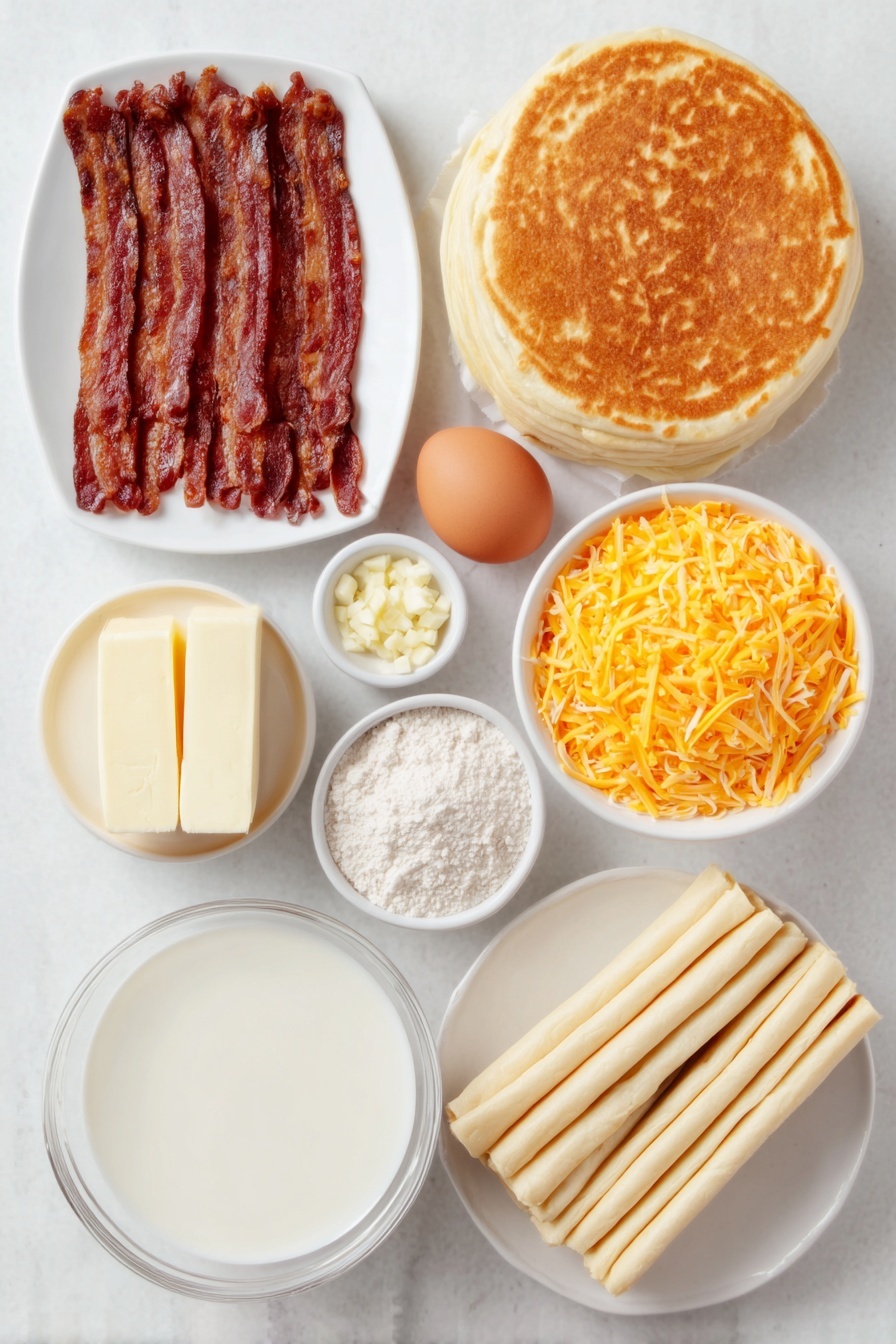 Creamy Chicken Mushroom Pie, savory chicken pie, easy chicken mushroom dish, comforting chicken pastry, flaky puff pastry chicken pie - Flat lay of four crispy cooked bacon strips chopped, a small mound of sliced fresh brown and white mushrooms, two tablespoons of creamy butter sticks, a few cloves of minced garlic in a small white bowl, a pile of shredded cooked chicken breast, a small heap of shredded sharp cheddar cheese, a whole uncracked brown egg, a small white bowl of smooth pale cream sauce (cream of chicken), a small white bowl of flour, a small white bowl of chicken broth, a small white bowl of milk, a small white bowl of cracked black pepper and another small white bowl of garlic powder, and two rolled out sheets of pale golden puff pastry, all arranged with perfect symmetry on a simple white ceramic plate and bowls placed on a clean white marble surface, soft natural light, photo taken with an iPhone, professional food photography style, fresh ingredients, white ceramic bowls, no bottles, no duplicates, no utensils, no packaging --ar 2:3 --v 7 --p m7354615311229779997