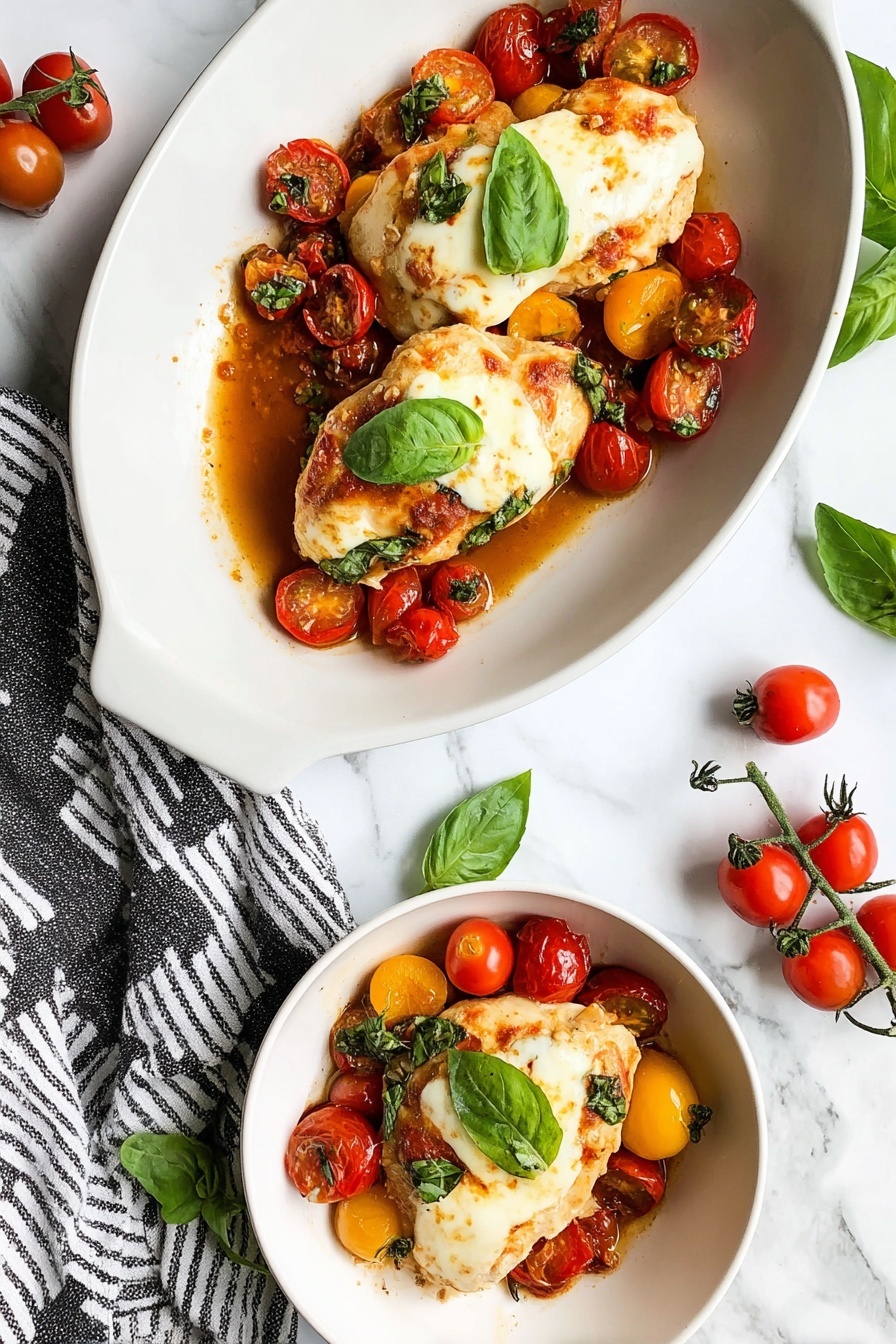 Chicken Caprese Skillet with Mozzarella, easy Italian chicken dinner, flavorful chicken skillet recipe, quick weeknight chicken meal, one-pan chicken mozzarella - The image shows two white dishes with a chicken meal. Each dish has a layer of cooked chicken topped with melted white cheese with light brown spots. The chicken sits on a bed of cooked cherry tomatoes in red and yellow, mixed with a few green basil leaves and some sauce that looks shiny and brown. The larger plate has three chicken pieces with cheese on top, garnished with three fresh green basil leaves in the center. The smaller bowl has one chicken piece with cheese, surrounded by cooked cherry tomatoes and some green basil leaves. The scene is set on a white marbled surface with a black and white striped cloth near the bowl and some fresh cherry tomatoes with green stems to the side. photo taken with an iphone --ar 2:3 --v 7