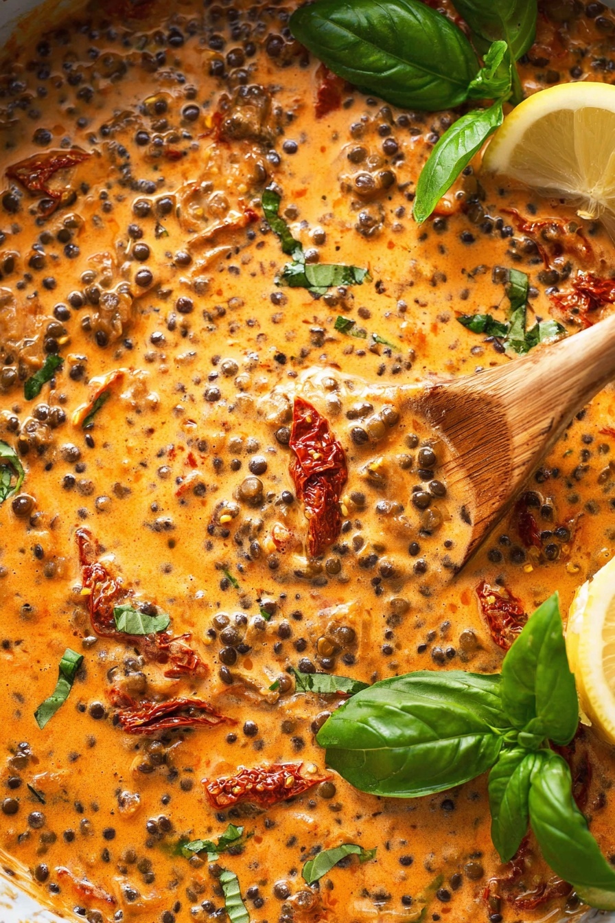 Creamy Lentil Pasta with Sun-Dried Tomatoes, Lentil Pasta Recipe, Vegan Pasta with Sun-Dried Tomatoes, Vegetarian Lentil Pasta, Easy Creamy Pasta - The image shows a close-up view of a creamy lentil dish with black lentils in a thick orange sauce, scattered throughout with pieces of sun-dried tomatoes adding red bursts. There are visible green herbs mixed in and fresh green basil leaves placed on the top for garnish. A wooden spoon is stirring the mixture, partly covered by the sauce, and a lemon wedge rests at the upper right corner. The background is a white marbled texture. photo taken with an iphone --ar 2:3 --v 7