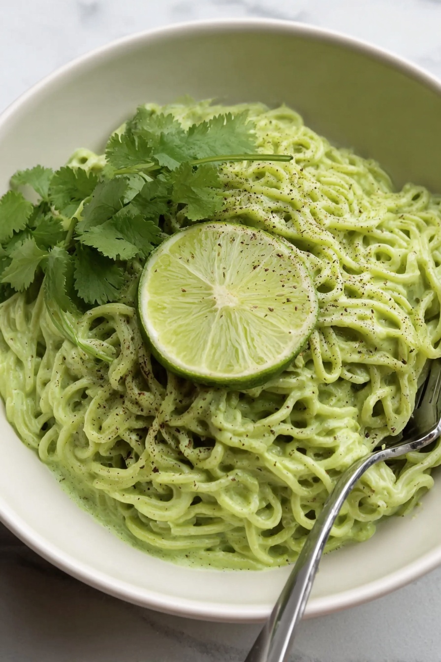Vegan Cilantro Lime Noodles, vegan noodle recipes, healthy plant-based noodles, quick vegan dinners, cilantro lime pasta - This image shows a white bowl filled with creamy green noodles, with about two layers of noodles visible, all coated evenly in a thick, smooth green sauce. On top of the noodles, there is a single thin slice of lime placed near the center, with bits of black pepper sprinkled across the noodles. Next to the lime slice, a small bunch of fresh green cilantro leaves rests gently. A silver fork is placed on the right edge of the bowl, partly inserted into the noodles. The bowl sits on a white marbled surface. Photo taken with an iphone --ar 2:3 --v 7