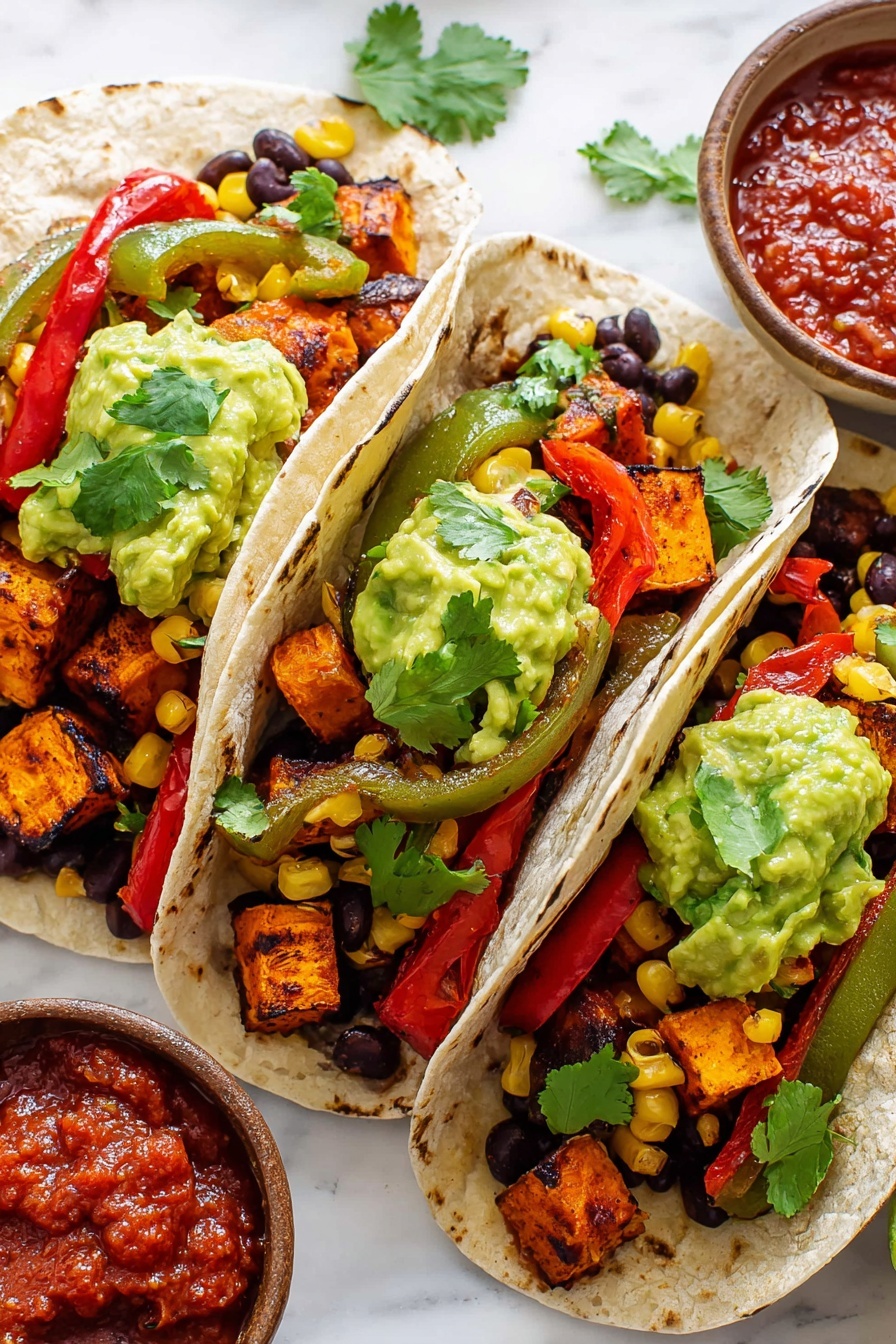 Black Bean Sweet Potato Tacos, healthy vegetarian tacos, easy vegan taco recipe, plant-based taco ideas, flavorful roasted sweet potato tacos - Three soft tortillas are open and filled with colorful layers starting with a base of black beans and grilled sweet corn kernels, followed by roasted orange sweet potato cubes and grilled red and green bell pepper slices; each tortilla is topped with a scoop of bright green mashed avocado and fresh green cilantro leaves, all placed close together on a white marbled surface with a small brown bowl of red salsa visible in the corner photo taken with an iphone --ar 2:3 --v 7