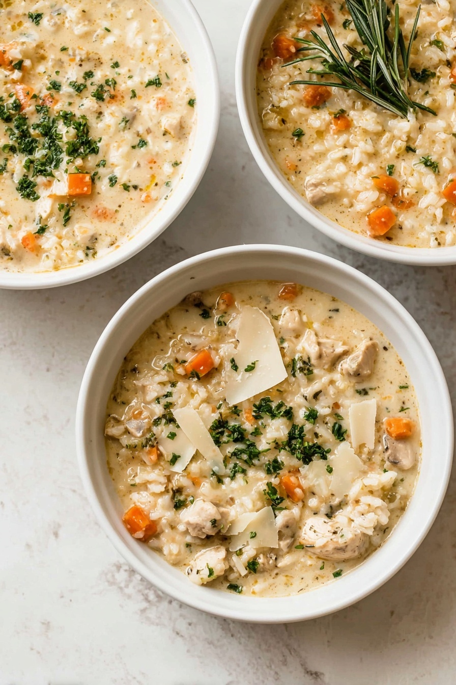 Creamy Chicken and Rice Soup, hearty chicken and rice soup, easy chicken and rice soup, comforting soup recipes, one-pot chicken soup - Three white bowls filled with creamy chicken rice soup, placed on a white marbled surface. Each bowl shows a thick, light beige broth with chunks of cooked chicken, small orange carrot pieces, and soft rice grains. The soup is topped with green chopped parsley and thin shards of pale cheese. One bowl features a sprig of rosemary for garnish. The textures are creamy and smooth with bits of vegetables and meat distributed evenly. photo taken with an iphone --ar 2:3 --v 7