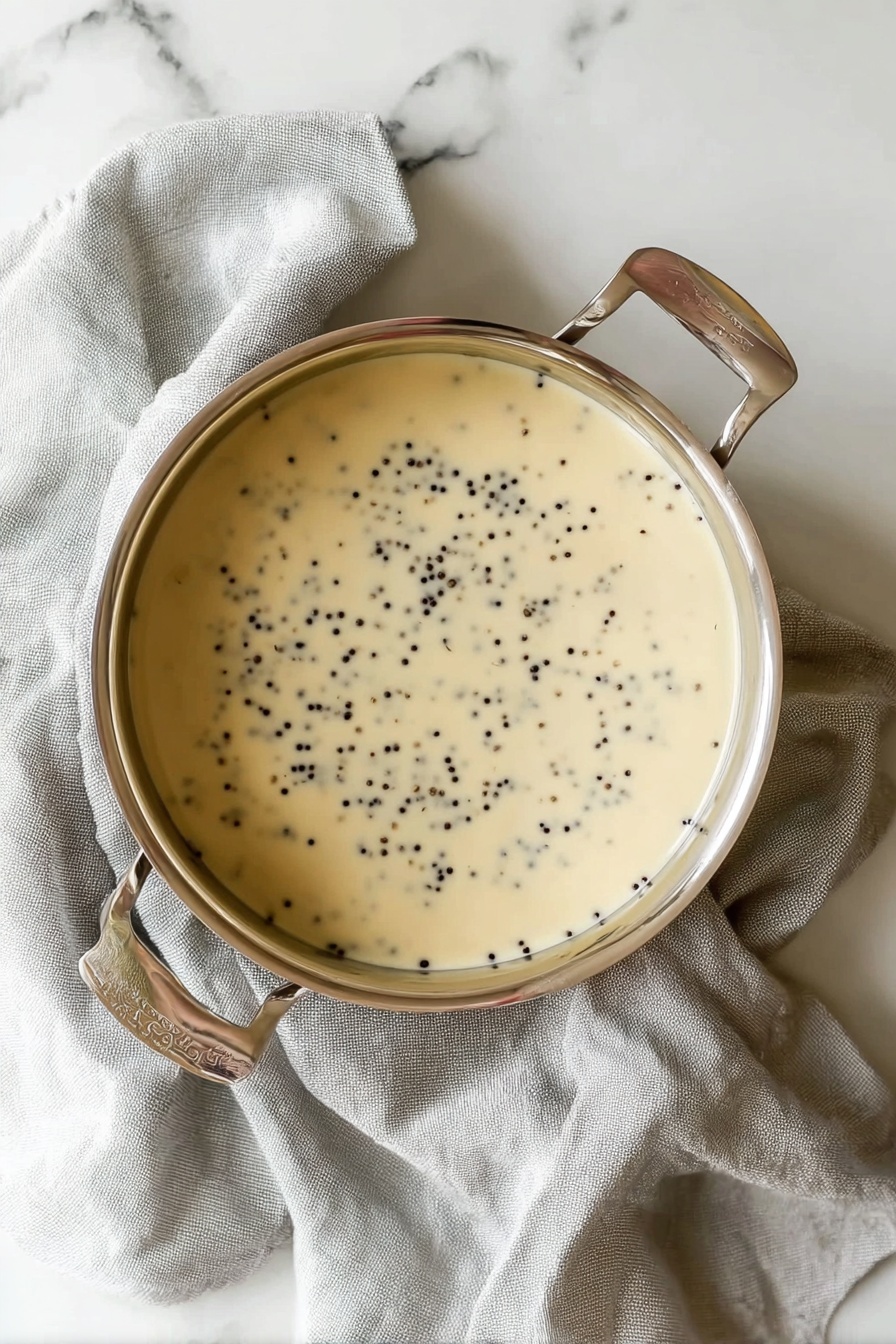 Lemon Caper Sauce for Pasta and Fish, lemon caper pasta sauce, citrus fish sauce recipe, quick lemon caper sauce, tangy seafood pasta sauce - A stainless steel pan with two handles viewed from above contains a smooth, creamy light beige sauce dotted with small black peppercorns evenly spread across its surface. The pan rests on a soft, light grey cloth with visible folds and wrinkles. The background is a white marbled textured surface. photo taken with an iphone --ar 2:3 --v 7