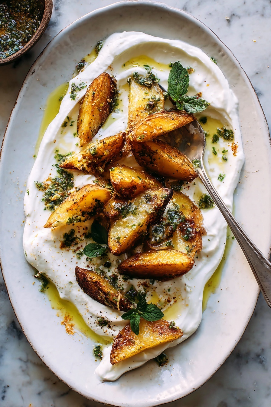 Crispy Oregano Roasted Potatoes with Feta Sauce, roasted potato side dish, oregano roasted potatoes, feta sauce recipe, flavorful potato side - A white plate with a smooth layer of creamy white yogurt spread all over the base, swirled to create soft waves. On top, there are golden-brown roasted potato wedges scattered mainly on one side. The potatoes have a crispy, slightly charred texture with bits of green herbs sprinkled evenly. Small dollops of creamy sauce sit on some potato pieces. Bright green herb leaves and tiny chopped herbs are scattered over the yogurt and potatoes, along with small pools of golden olive oil and a light dusting of reddish spices. A few fresh herb sprigs are placed on the yogurt for decoration. The plate sits on a white marbled surface. Photo taken with an iphone --ar 2:3 --v 7