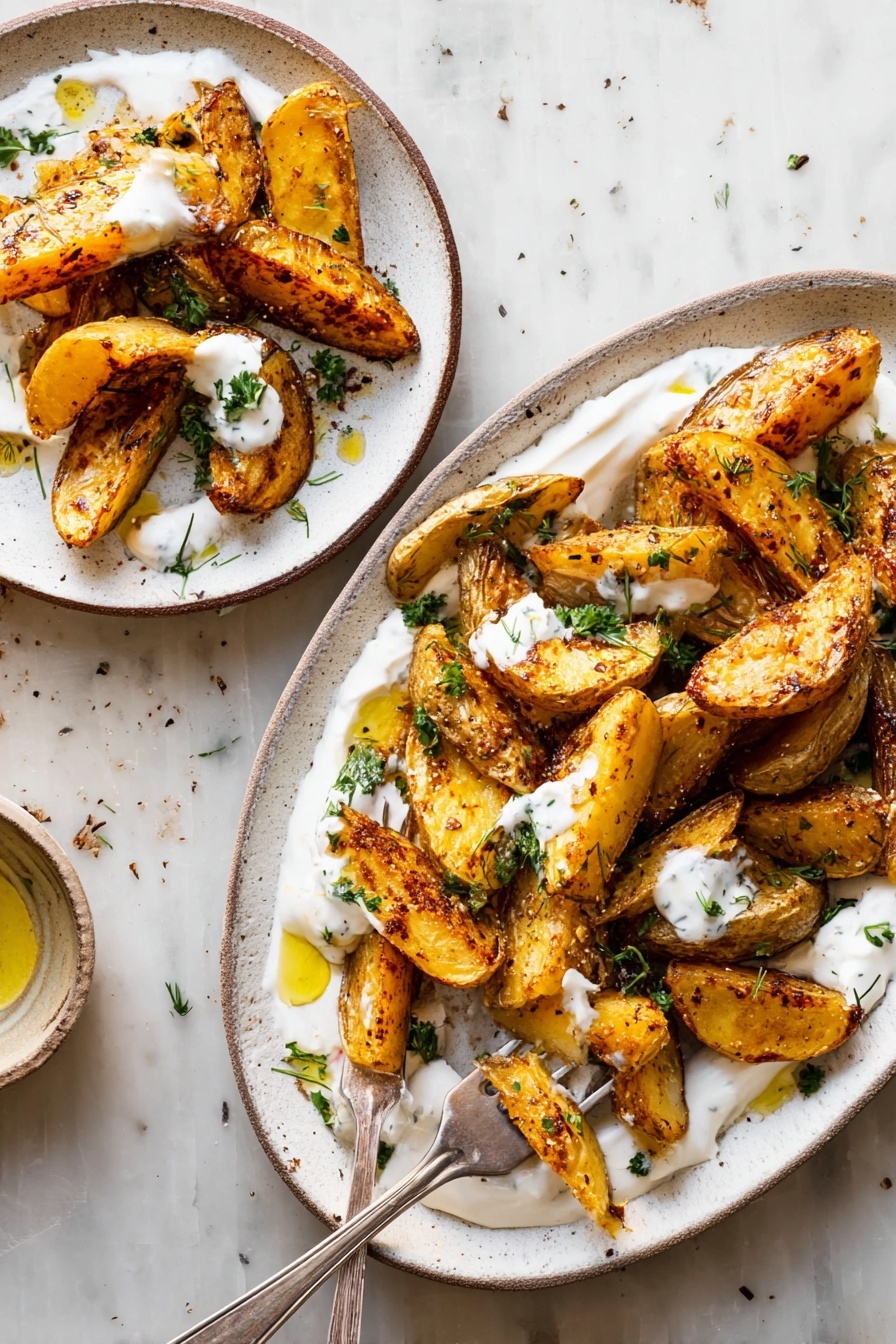Crispy Oregano Roasted Potatoes with Feta Sauce, roasted potato side dish, oregano roasted potatoes, feta sauce recipe, flavorful potato side - The image shows two white plates of roasted potato wedges on a white marbled surface. The larger plate is filled with golden brown potato wedges that have a crispy texture and are spread over a base layer of creamy white sauce. The potato wedges are scattered with small green herbs and drizzled with an oil-based herb dressing. Small dollops of white sauce are placed on top of some wedges, and a few tiny green leaves add color contrast. On the smaller plate, a few potato wedges rest on a similar white sauce layer, with a silver fork holding one wedge. The scene is bright and natural, capturing the textures of the potatoes and sauce clearly. photo taken with an iphone --ar 2:3 --v 7