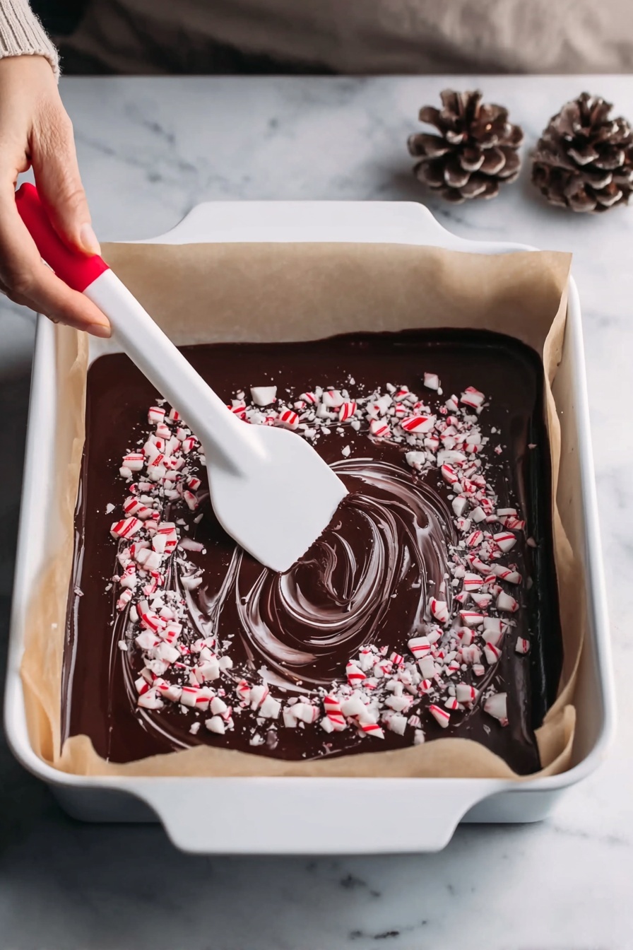 Peppermint Swirl Fudge, peppermint fudge, holiday fudge recipe, easy peppermint fudge, Christmas fudge dessert - A white baking pan lined with parchment paper holds a single-layer, glossy dark chocolate mixture spread evenly inside. A woman's hand is using a white spatula with a red tip to swirl crushed white and red peppermint pieces on top of the chocolate with circular motions. The spatula moves from the center outward, creating a marbled effect with the crushed peppermint pieces scattered mainly around the center and edges. The setting features a white marbled surface, and a pine cone is visible nearby. Photo taken with an iphone --ar 2:3 --v 7