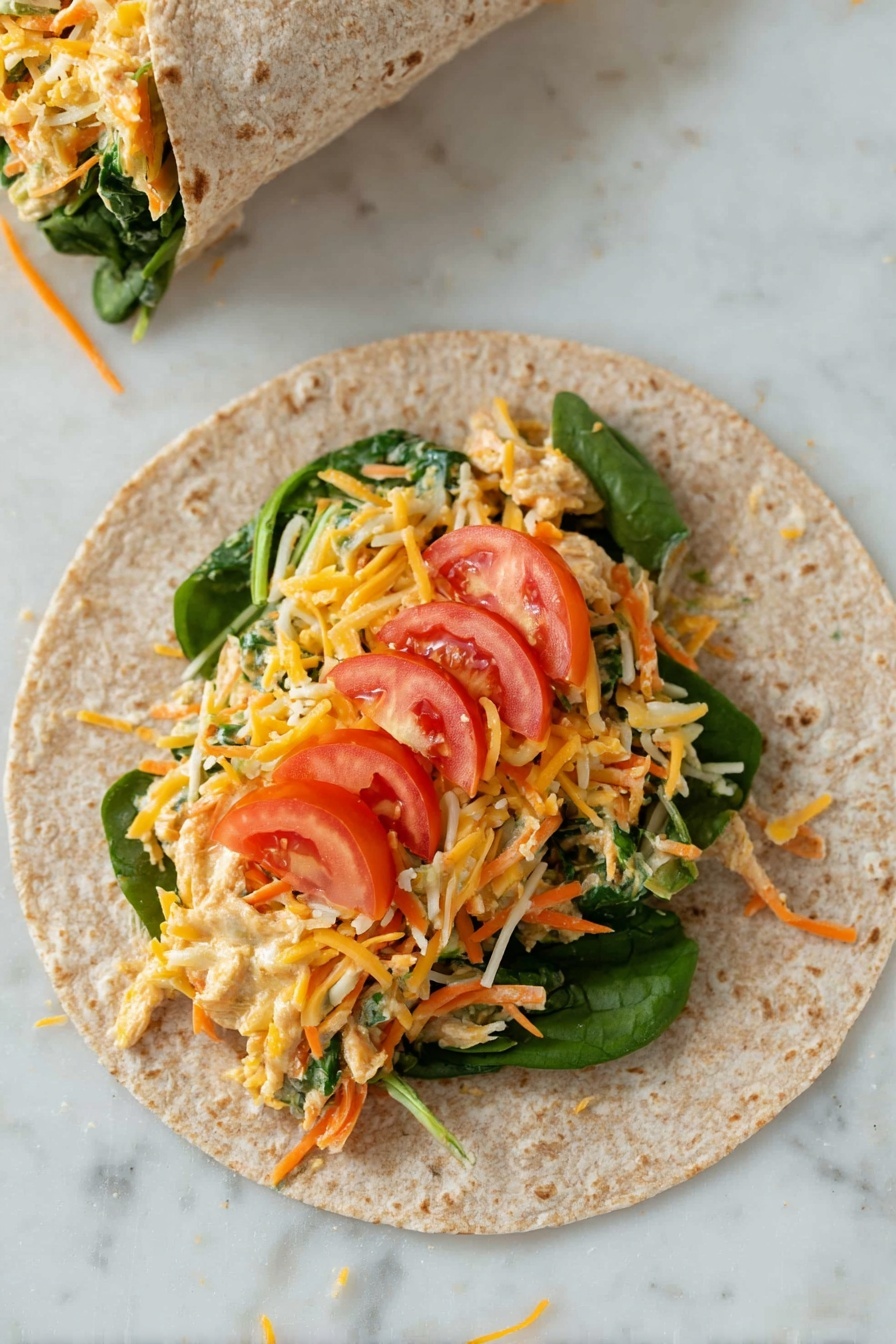BBQ Grilled Chicken Wraps, grilled chicken wraps with BBQ sauce, easy chicken wrap recipes, smoky chicken wraps, fast weeknight dinner ideas - The image shows an open whole wheat tortilla lying flat on a white marbled surface. On the tortilla, there is a visible layer of fresh green leafy spinach at the bottom. On top of the spinach, there is a mix of shredded vegetables including green and orange carrot strips, finely chopped greens, and a creamy textured filling mixed in. Above this vegetable mix, there are several slices of fresh red tomato placed in a row across the middle. Finally, the top layer consists of shredded yellow and white cheese scattered over the tomatoes and vegetables. In the top left corner, there is a wrapped tortilla sandwich with similar ingredients visible. Photo taken with an iphone --ar 2:3 --v 7