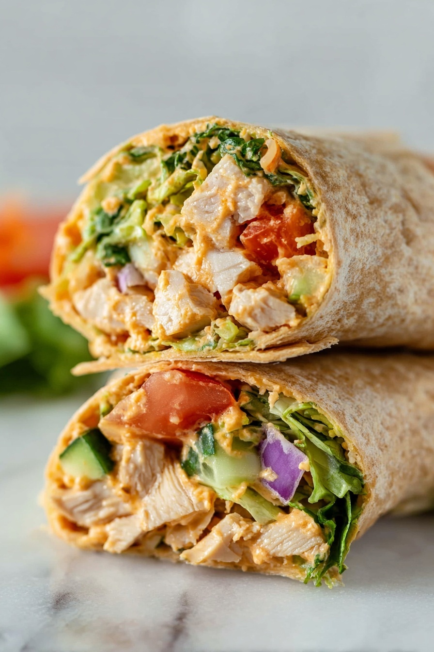 BBQ Grilled Chicken Wraps, grilled chicken wraps with BBQ sauce, easy chicken wrap recipes, smoky chicken wraps, fast weeknight dinner ideas - A close-up shows two pieces of a wrap cut in half and stacked on a white marbled surface, with the top half resting on the bottom half. The wrap has a light brown, soft texture outside. Inside, three main layers are visible: the first layer is chunks of tender, white cooked chicken; the second layer contains bright green shredded lettuce and slices of tomato with a fresh red-orange hue; the third layer has small bits of purple onion, green cucumber strips, and a creamy orange dressing that holds the ingredients together. The wrap is filled generously and looks fresh and colorful. Photo taken with an iphone --ar 2:3 --v 7