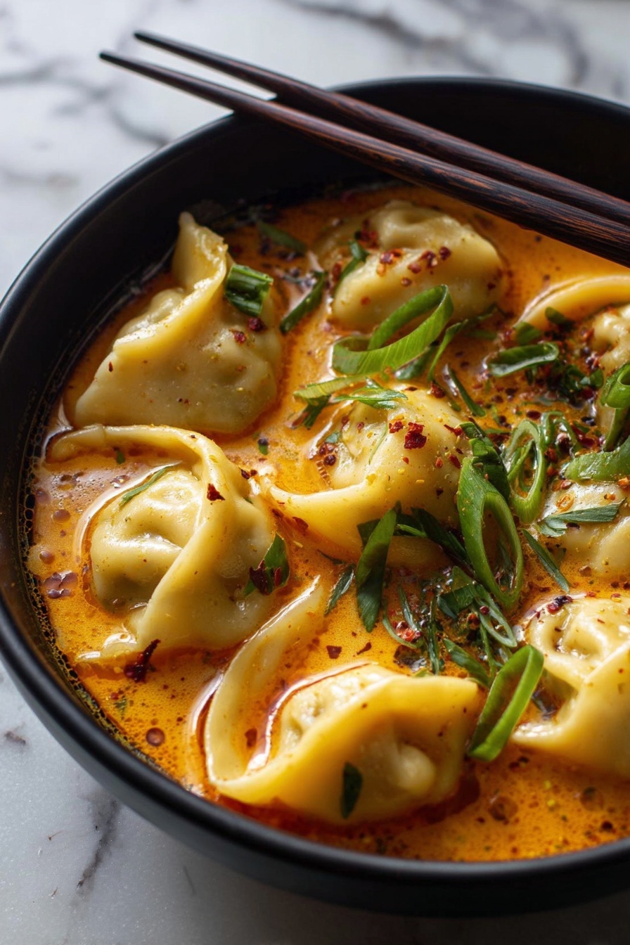 Coconut Curry Soup with Vegan Dumplings, vegan curry soup, coconut curry recipe, vegan soup with dumplings, comforting vegan soup - A close-up of six dumplings in a bowl filled with spicy orange-red broth, garnished with green sliced scallions and some red chili flakes sprinkled on top. The dumplings have a soft, pale yellow dough with a smooth texture and slightly folded edges. The bowl is black and round, sitting on a white marbled surface, and a pair of dark brown chopsticks rests on the bowl's edge, pointing diagonally away. The broth has little oil droplets and floating herbs giving it a rich texture and warm appearance photo taken with an iphone --ar 2:3 --v 7