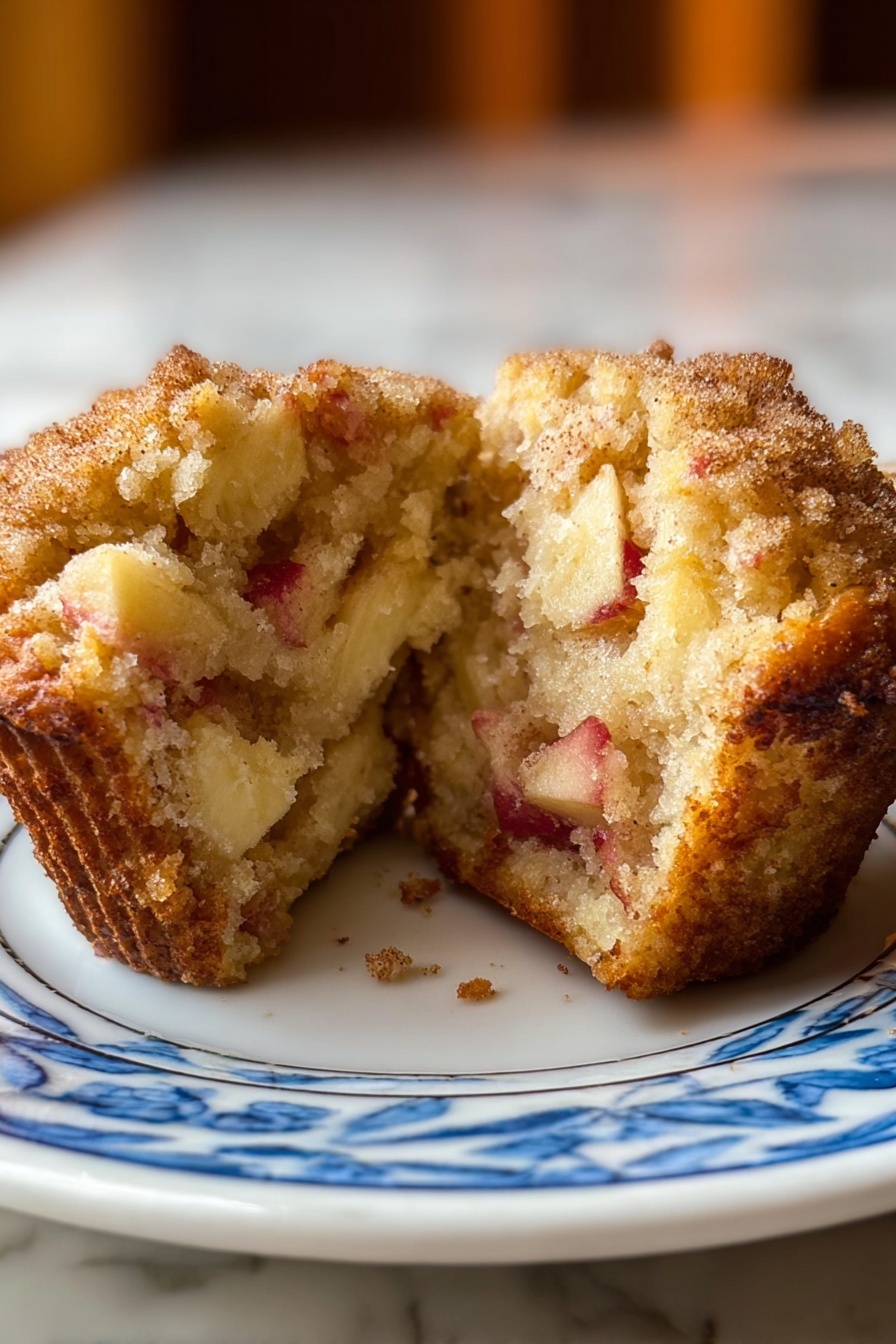 Healthy Apple Cinnamon Greek Yogurt Muffins, nutritious apple cinnamon muffins, easy healthy breakfast muffins, moist Greek yogurt muffins, quick apple cinnamon bakery treats - The image shows a close-up of a muffin that has been split into two halves, placed on a white plate with a blue patterned rim. The muffin has a crumbly golden-brown top with a light dusting of cinnamon or sugar. Inside, there are many small, soft chunks of red-skinned apple mixed throughout the light, fluffy, and slightly moist beige cake. The muffin sits on a white marbled surface with a soft background blur, creating a warm and inviting look. photo taken with an iphone --ar 2:3 --v 7