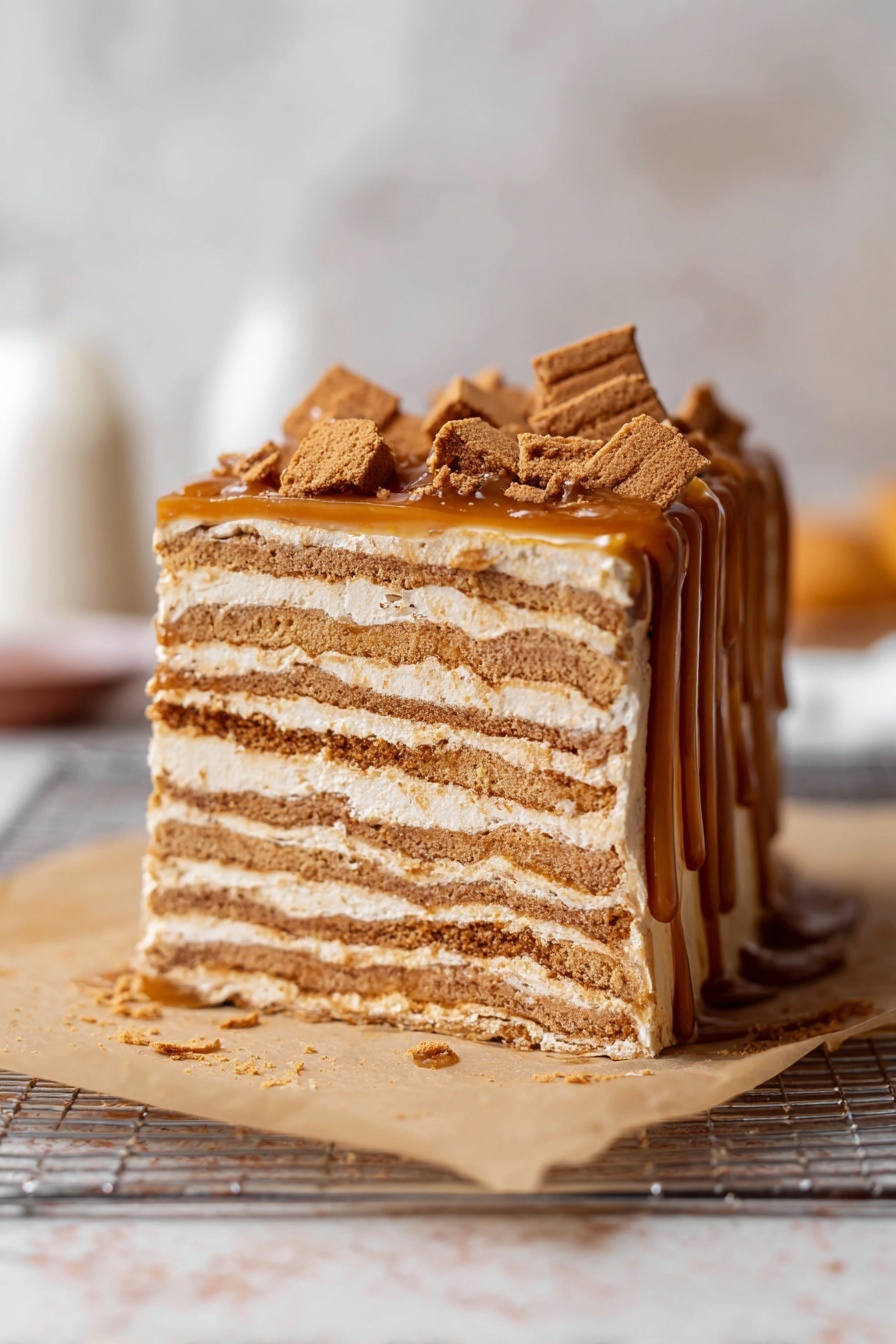 No-Bake Cookie Butter Icebox Cake, Cookie Butter Dessert, No-Bake Layered Cake, Easy No-Bake Cookies, No-Bake Dessert Recipes - A slice of layered dessert with about six visible layers stands on brown parchment paper on a metal rack. Each layer alternates between light beige creamy filling and light brown biscuit layers, creating a striped effect. The top is covered with a smooth caramel-colored layer that drips slightly down the sides and is topped with broken pieces of biscuit in the same light brown color. The background features a white marbled texture with blurred objects in soft colors, enhancing the dessert's warm tones. photo taken with an iphone --ar 2:3 --v 7
