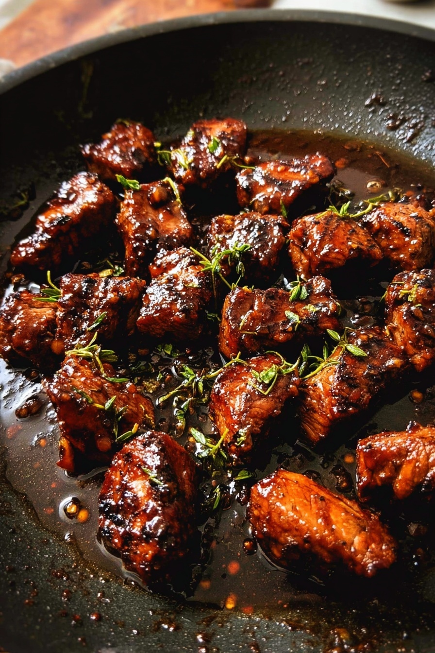 Pineapple Chicken with Coconut Rice, tropical chicken recipes, quick pineapple chicken dinner, easy coconut rice recipes, flavorful chicken and rice meal - Chunks of dark brown cooked meat are scattered unevenly inside a black metal pan with some shiny sauce coating the surface. The meat pieces are glossy, textured with grill marks and sprinkled with small bits of green herbs. The pan shows some light oil stains and the background is a white marbled texture. Photo taken with an iphone --ar 2:3 --v 7