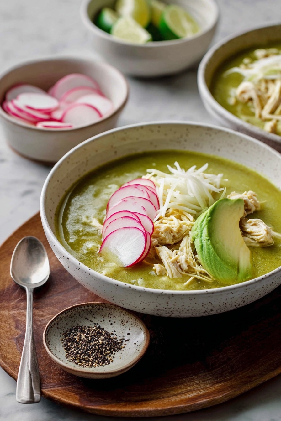 Chicken Pozole Verde Soup, Mexican green pozole, green pozole recipe, flavorful chicken soup, easy Mexican soup recipe - The image shows a bowl of green soup with three main layers: the base is a smooth, green broth that fills the bowl; on top, there are thin, pale yellow shredded pieces and small chunks of light beige meat; arranged on top in a neat row are thin white radish slices with pink edges, and slices of light green avocado with a creamy texture. The bowl is white with a speckled pattern and sits on a wooden board. Around it, there is a small bowl of black and white pepper on the board, a silver spoon below it, and in the background, a white bowl of thin radish slices and another white bowl with lime wedges, all placed on a white marbled surface. Photo taken with an iphone --ar 2:3 --v 7