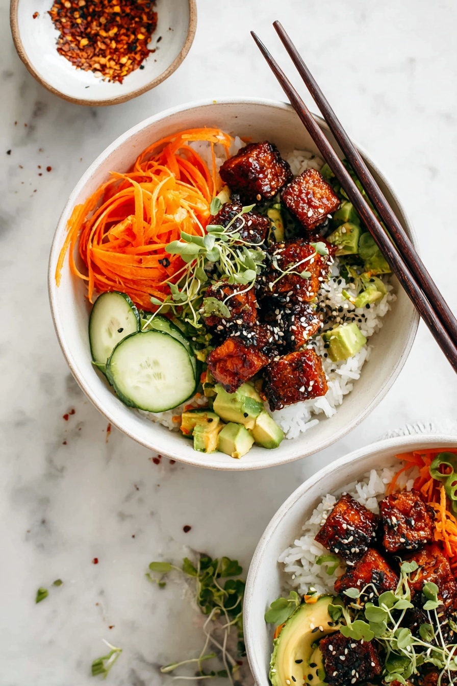 Crispy Gochujang Korean Tofu, Korean tofu recipe, spicy tofu stir-fry, vegan Korean dishes, crispy tofu ideas - Two white bowls sit on a white marbled surface, each filled with a colorful layered dish. The base layer is white rice topped with bright orange carrot ribbons on one side and thin, light green cucumber slices on the other. Cubes of crispy, dark reddish-brown tofu are piled in the center, sprinkled with black and white sesame seeds. Small green avocado chunks and microgreens add fresh touches, scattered over the top along with a few green scallion slices. A pair of dark brown chopsticks rests on the rim of the top bowl. In the background, a small white bowl holds crushed red pepper flakes. Photo taken with an iphone --ar 2:3 --v 7