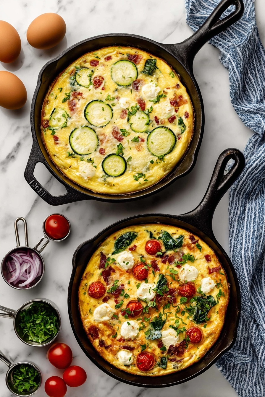Easy Vegetable Frittata, vegetable frittata, healthy breakfast ideas, quick brunch recipes, veggie egg bake - Two black cast iron skillets sit on a white marbled surface, each filled with a cooked frittata. The top skillet's frittata has a pale yellow egg base, topped with round green zucchini slices, small red bell pepper pieces, melted white cheese, and green parsley leaves scattered on top. The bottom skillet contains a more colorful frittata with a yellow egg base, dotted with halved cherry tomatoes, green spinach leaves, white dollops of cheese, and strips of reddish-brown bacon or ham evenly spread. Around the skillets are three brown eggs on the left, small metal measuring cups filled with green parsley, red onion slices, and cherry tomatoes, and a folded striped blue and white cloth to the right. photo taken with an iphone --ar 2:3 --v 7