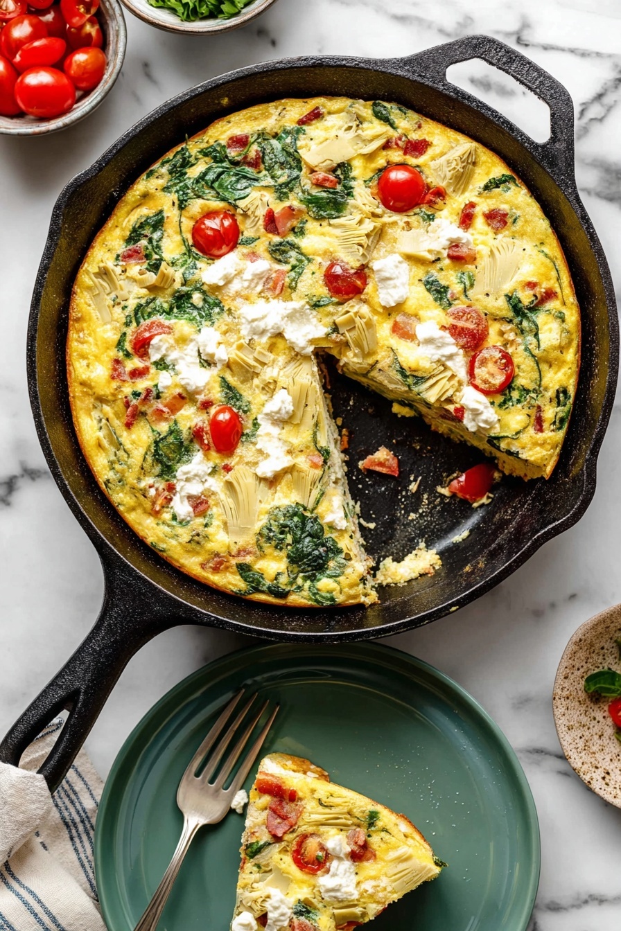 Easy Vegetable Frittata, vegetable frittata, healthy breakfast ideas, quick brunch recipes, veggie egg bake - A round frittata in a black cast iron skillet with a slice removed, showing 3 main layers: a yellow egg base with green spinach leaves mixed in, red cherry tomatoes scattered within, and white dollops of cheese on top, along with pieces of light brown artichoke hearts and pinkish prosciutto. The slice sits on a green plate, showing the same layers with visible fluffy texture and melted cheese. All set on a white marbled surface with a fork beside the skillet and some small bowls of cherry tomatoes and greens nearby. Photo taken with an iphone --ar 2:3 --v 7