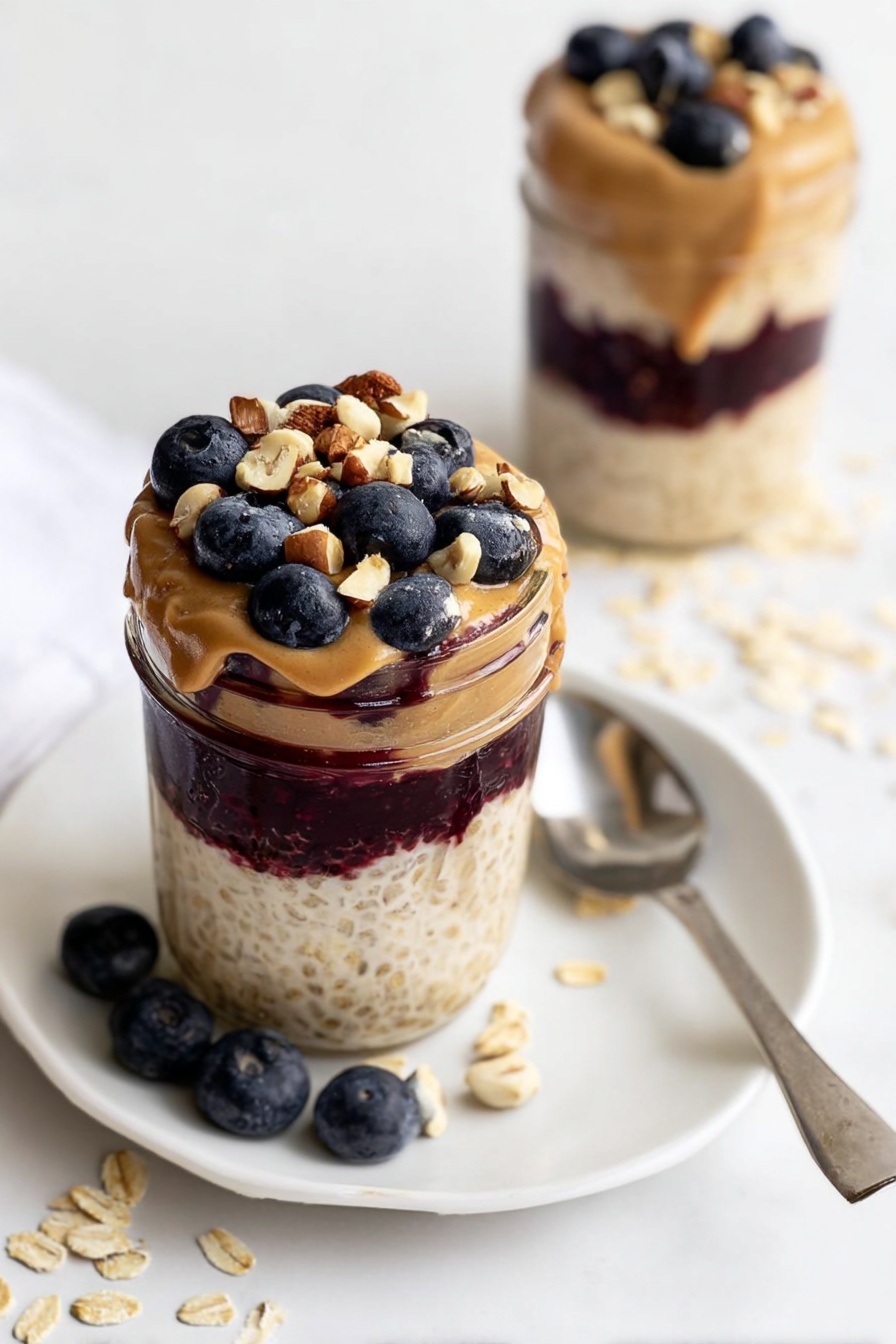 Peanut Butter and Jelly Overnight Oats, healthy overnight oats, easy breakfast ideas, quick breakfast recipes, make-ahead breakfast - The image shows two glass jars filled with a three-layered dessert placed on a white marbled surface. Each jar has a bottom layer of creamy oatmeal in a light beige color, topped with a thick dark purple fruit jam layer in the middle. Above the jam is a smooth, golden peanut butter layer that fills the jars almost to the top. On the very top, the jars are filled with more oatmeal mixed with chopped nuts including light brown cashews and darker pecans, and fresh dark blue blueberries. Two silver spoons are inserted into the jar in the front, and some scattered blueberries and cashews are visible nearby. The background is simple and white marbled. Photo taken with an iphone --ar 2:3 --v 7