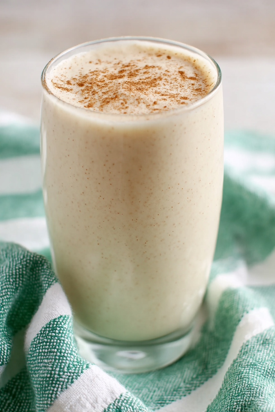 Vanilla Chai Protein Shake, healthy chai protein smoothie, quick breakfast protein shake, energizing chai latte protein, cozy vanilla chai smoothie - A tall clear glass filled with a beige creamy drink topped with a sprinkle of light brown powder. Two white and gray striped paper straws are placed vertically in the drink. The glass is set on a white marbled surface with a light blue cloth with white stripes loosely wrapped around the base. The background is soft and blurred with a mix of white and light blue colors. photo taken with an iphone --ar 2:3 --v 7