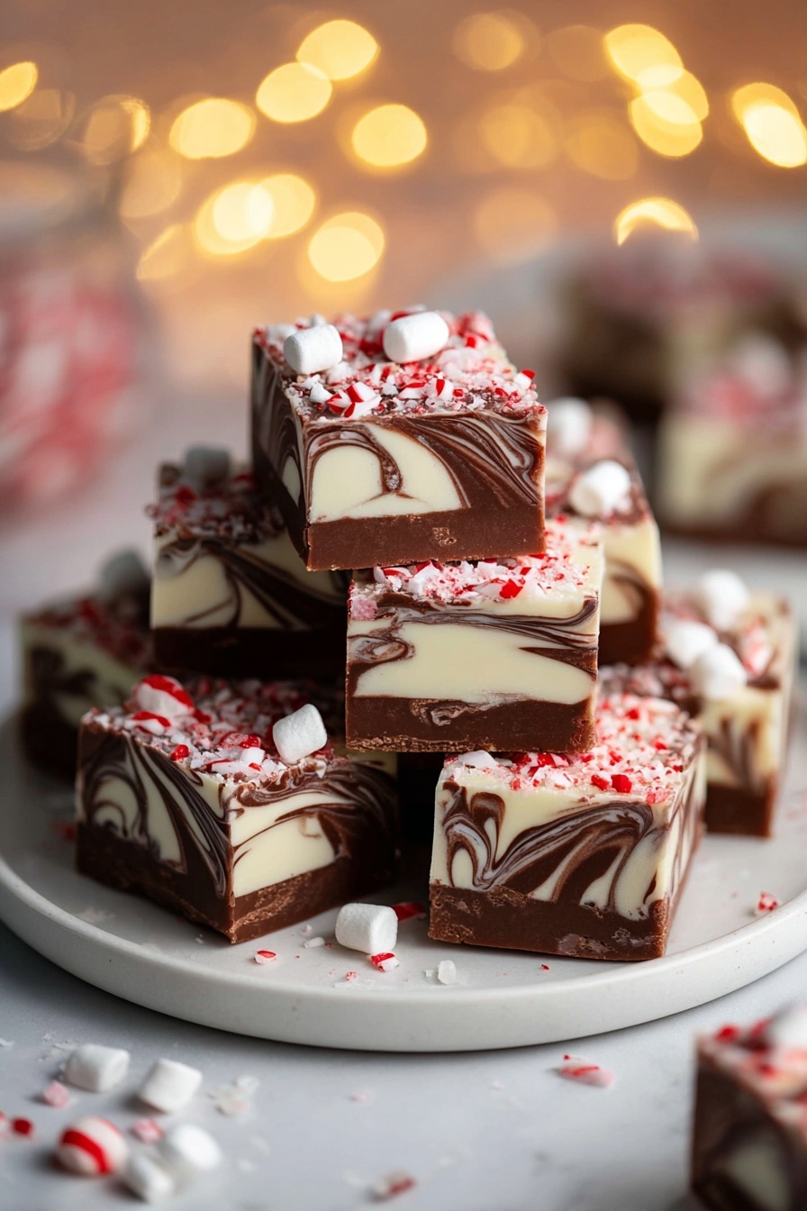 Peppermint Swirl Fudge, peppermint fudge, holiday fudge recipe, easy peppermint fudge, Christmas fudge dessert - The image shows thick square pieces of fudge with three visible layers: a bottom white layer, a middle layer with swirled white and milk chocolate, and a smooth milk chocolate top layer. Each piece is topped with large broken peppermint candy pieces in white and red, scattered unevenly, giving a crunchy texture. The fudge’s edges are clean with the swirls creating a marbled effect on all sides. The background and base have a white marbled texture. The top piece has a bite taken out of it, revealing the creamy inside photo taken with an iphone --ar 2:3 --v 7