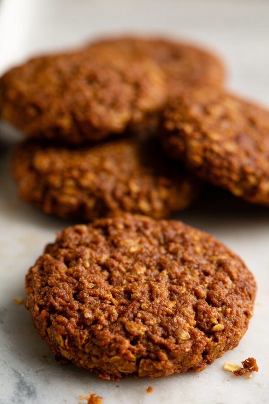 Healthy Gingerbread Oatmeal Cookies, gingerbread oatmeal cookies, nutritious holiday cookies, low-sugar gingerbread treats, wholesome breakfast cookies - A close-up of five round, textured oatmeal cookies with a dark golden brown color, slightly rough surface showing oat pieces, arranged loosely on a white marbled tray, with some crumbs scattered around. The front cookie is in sharp focus, and the others gently blur into the background, creating depth. Photo taken with an iphone --ar 2:3 --v 7