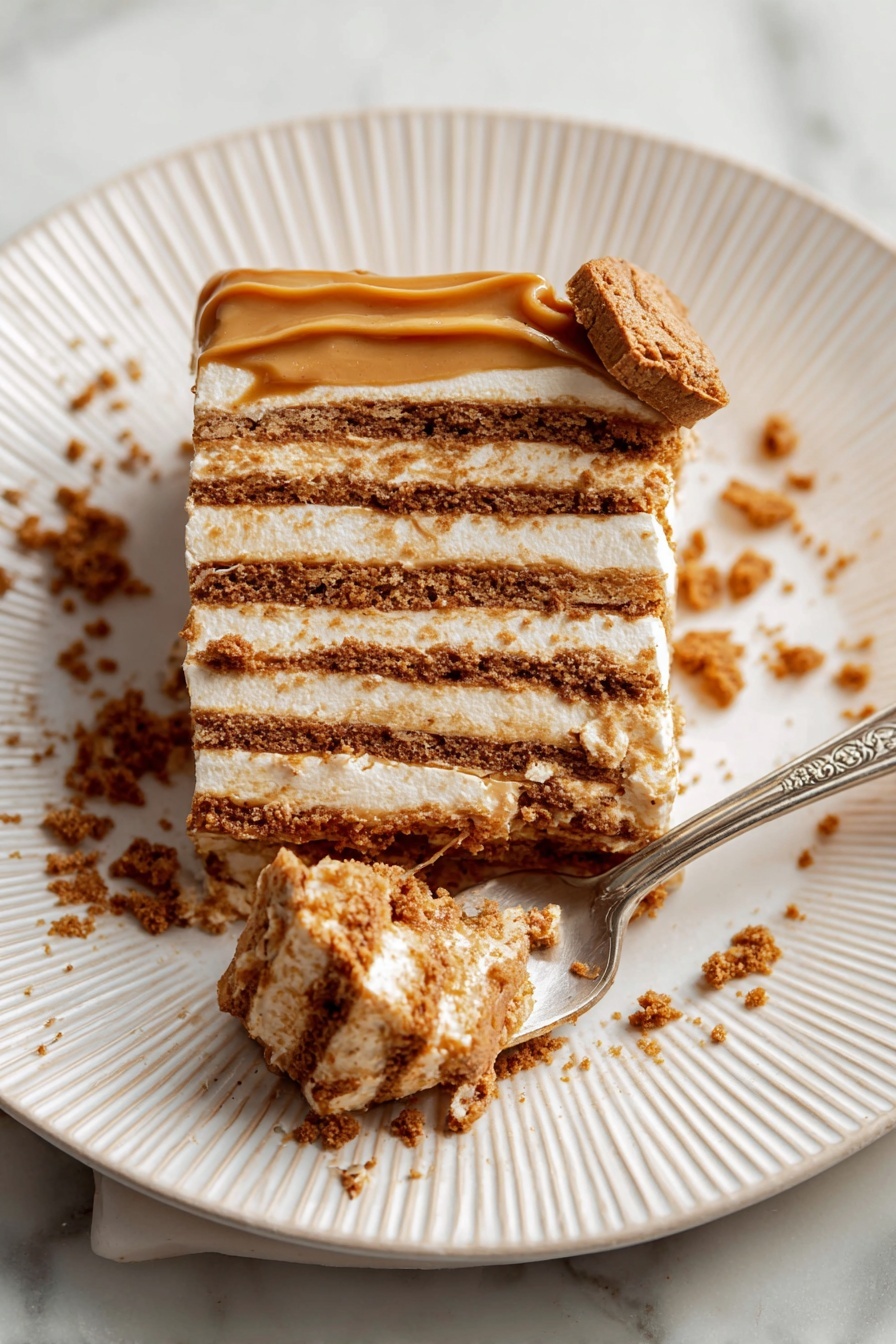 No-Bake Cookie Butter Icebox Cake, Cookie Butter Dessert, No-Bake Layered Cake, Easy No-Bake Cookies, No-Bake Dessert Recipes - A slice of layered dessert with eight alternating layers of light cream and crumbly brown cookies sits on a white plate with a ridged pattern. The top layer has a smooth caramel-colored spread with a broken cookie piece on the side. Crumbs are scattered around the slice and plate. A detailed silver spoon rests on the plate, holding a bite of the dessert with layers visible. The plate is set on a white marbled surface. photo taken with an iphone --ar 2:3 --v 7