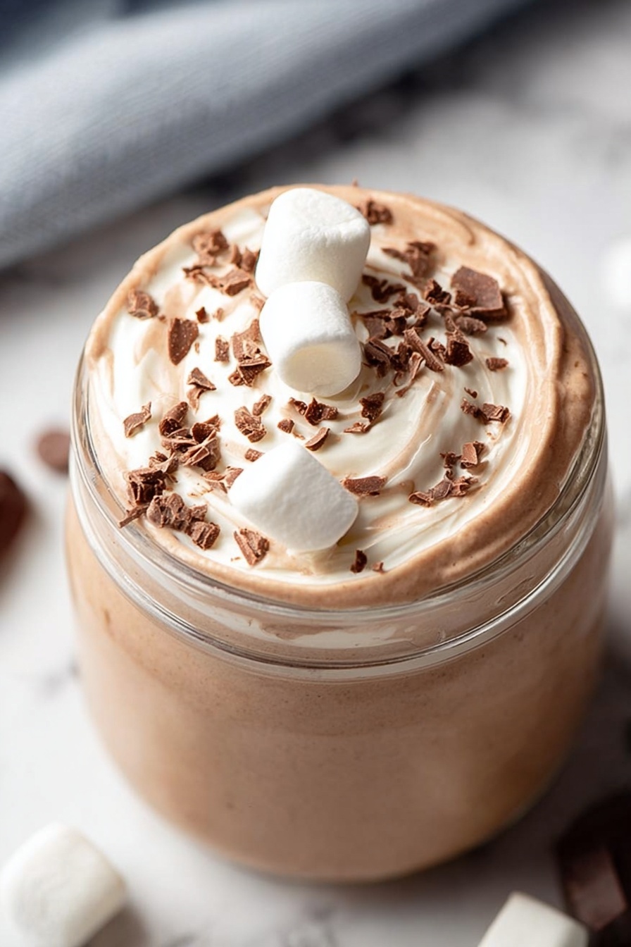 Whipped Hot Chocolate, hot chocolate with whipped cream, cozy winter drinks, indulgent hot chocolate, easy hot chocolate recipe - The image shows a close-up of a clear jar filled with a smooth, light brown creamy mixture, topped with a swirl of whipped texture. On top are three small white marshmallows and some small chocolate shavings scattered over the surface of the cream. The jar is placed on a white marbled surface with blurred background details, creating a soft and inviting look. photo taken with an iphone --ar 2:3 --v 7