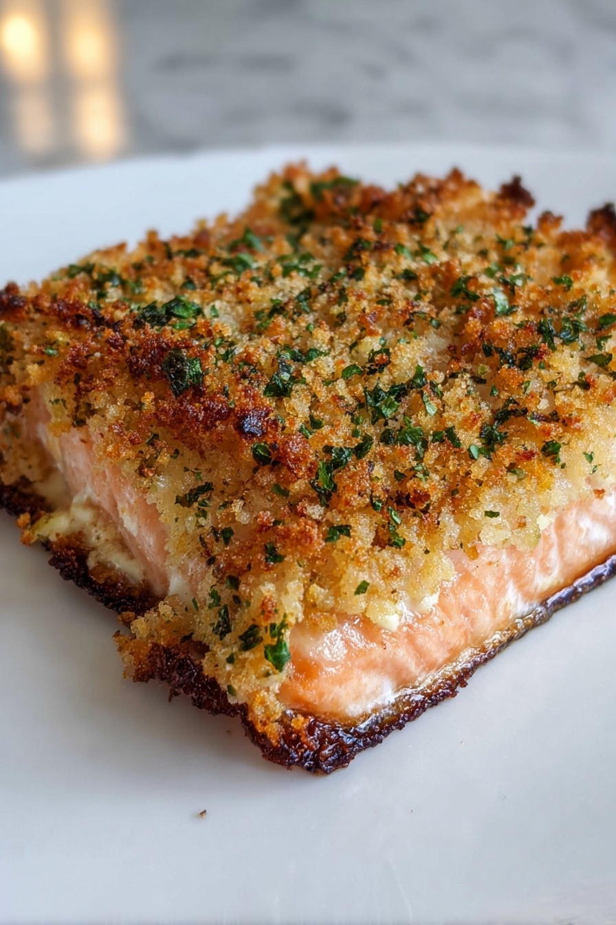 Crispy Parmesan Baked Salmon, Baked Salmon with Parmesan Crust, Easy Salmon Dinner, Healthy Seafood Recipes, Quick Fish Recipes - A close-up of a thick, square piece of salmon on a white plate, showing two main layers: the bottom layer is light pink cooked salmon with a slightly flaky texture, and the top layer is a crispy, golden-brown breadcrumb crust mixed with finely chopped green herbs, giving a crunchy and speckled green look. The edges of the crust are darker, almost toasted to a deep brown, with small hints of black char. The plate sits on a white marbled texture surface, with soft natural light reflecting around the dish, highlighting the golden crust and moist salmon below. Photo taken with an iphone --ar 2:3 --v 7